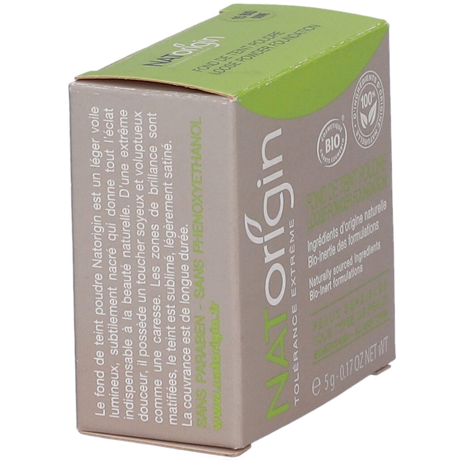 Kartonverpackung, schräg. Aufschrift: NATorigin, Text in Französisch. Ohne Phenoxyethanol. BIO-Zertifizierung.