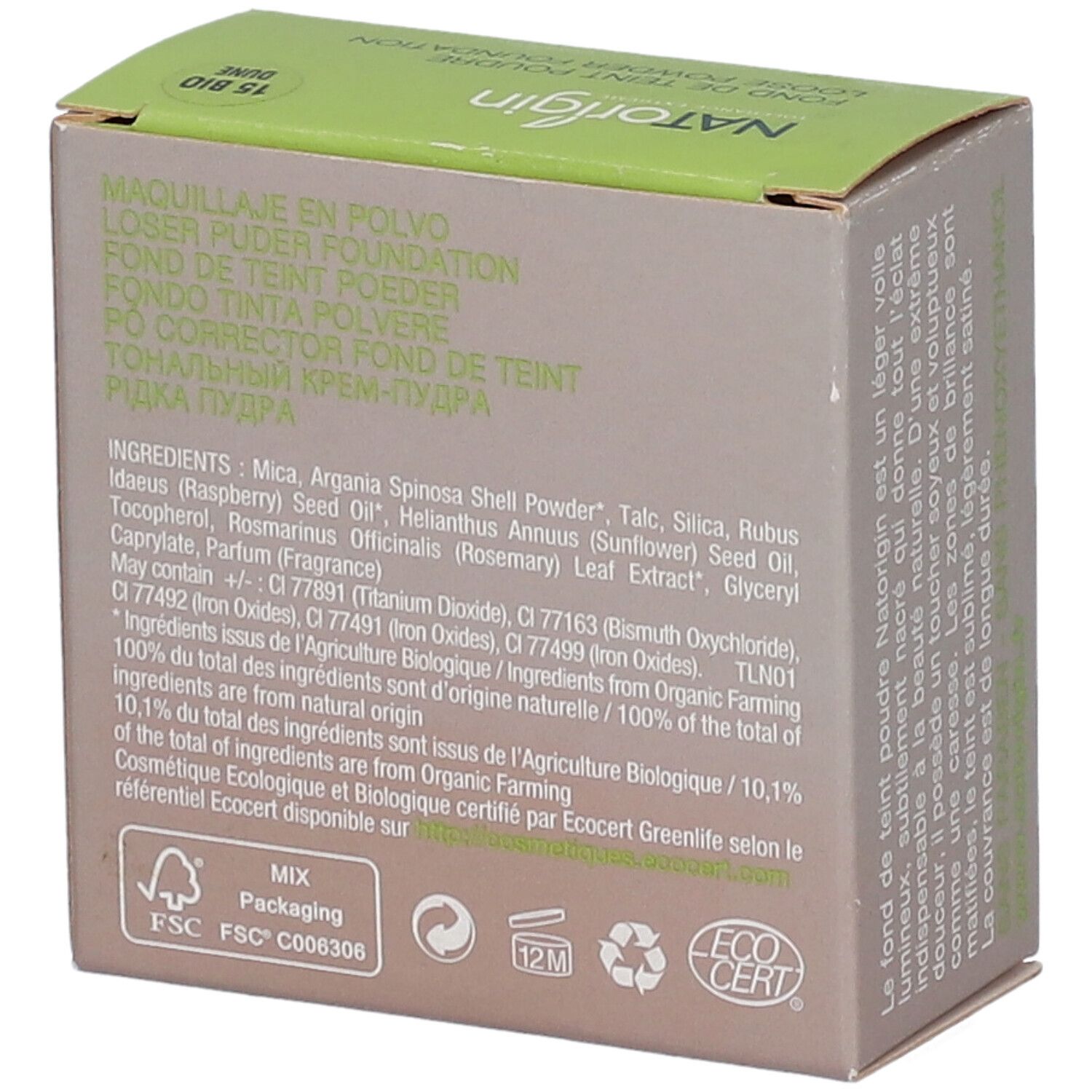 Rückseite der Kartonverpackung. Auflistung der Inhaltsstoffe, FSC-Logo, EcoCert-Zertifizierung, 12M-Symbol.