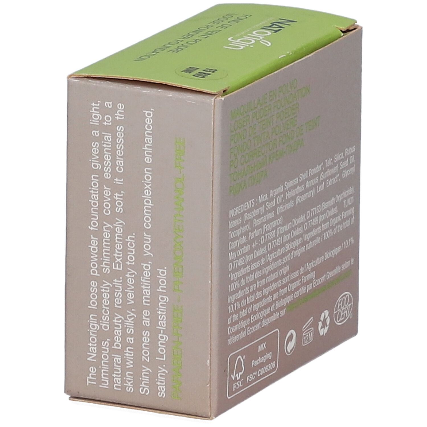 Kartonverpackung, schräg. Text in Französisch. Ohne Phenoxyethanol. EcoCert-Zertifizierung.