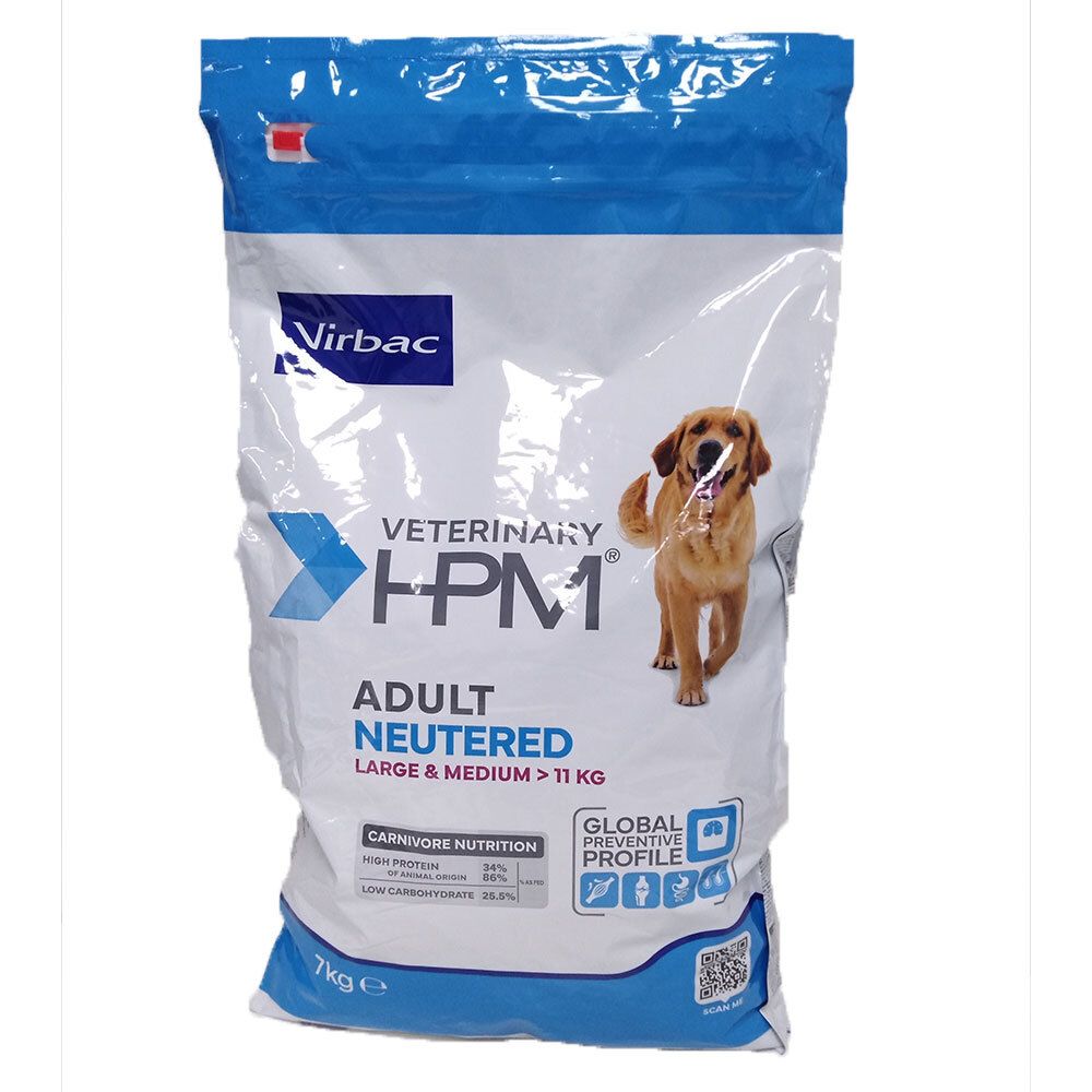 Hundefutterbeutel mit Virbac-Logo und Produktbezeichnung. Aufdruck: Adult Neutered, Large & Medium > 11 kg. Abbildung eines Hundes.