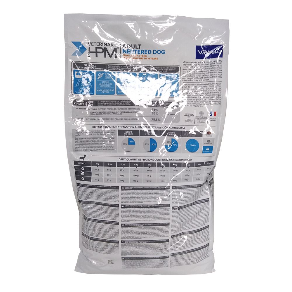 Dos du sac HPM Vétérinaire Adult Neutered Dog. Contient tableaux, graphiques et texte en plusieurs langues.