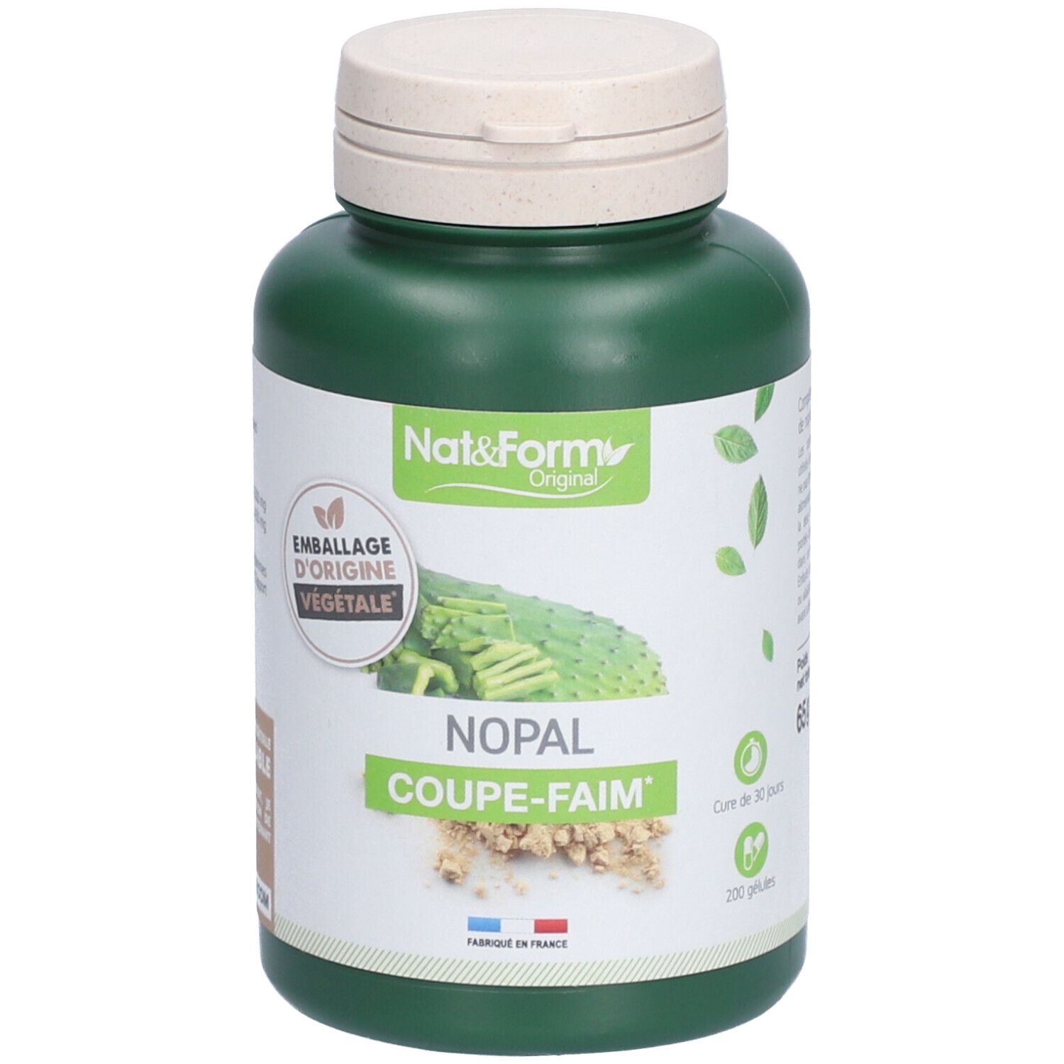 Flacon vert avec bouchon blanc. Étiquette avec nom Nopal et logo. Emballage d'origine végétale.