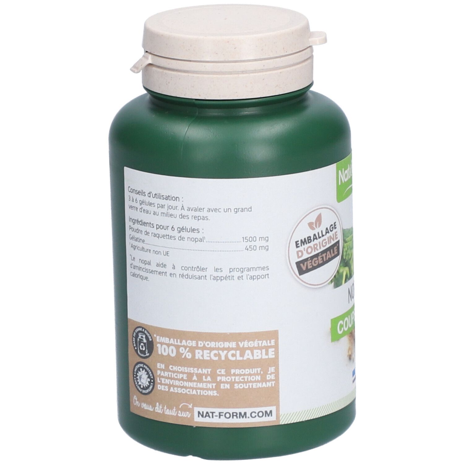 Dos d'un flacon vert avec bouchon blanc. Étiquette avec informations ingrédients et conseils d'utilisation. 100% recyclable.