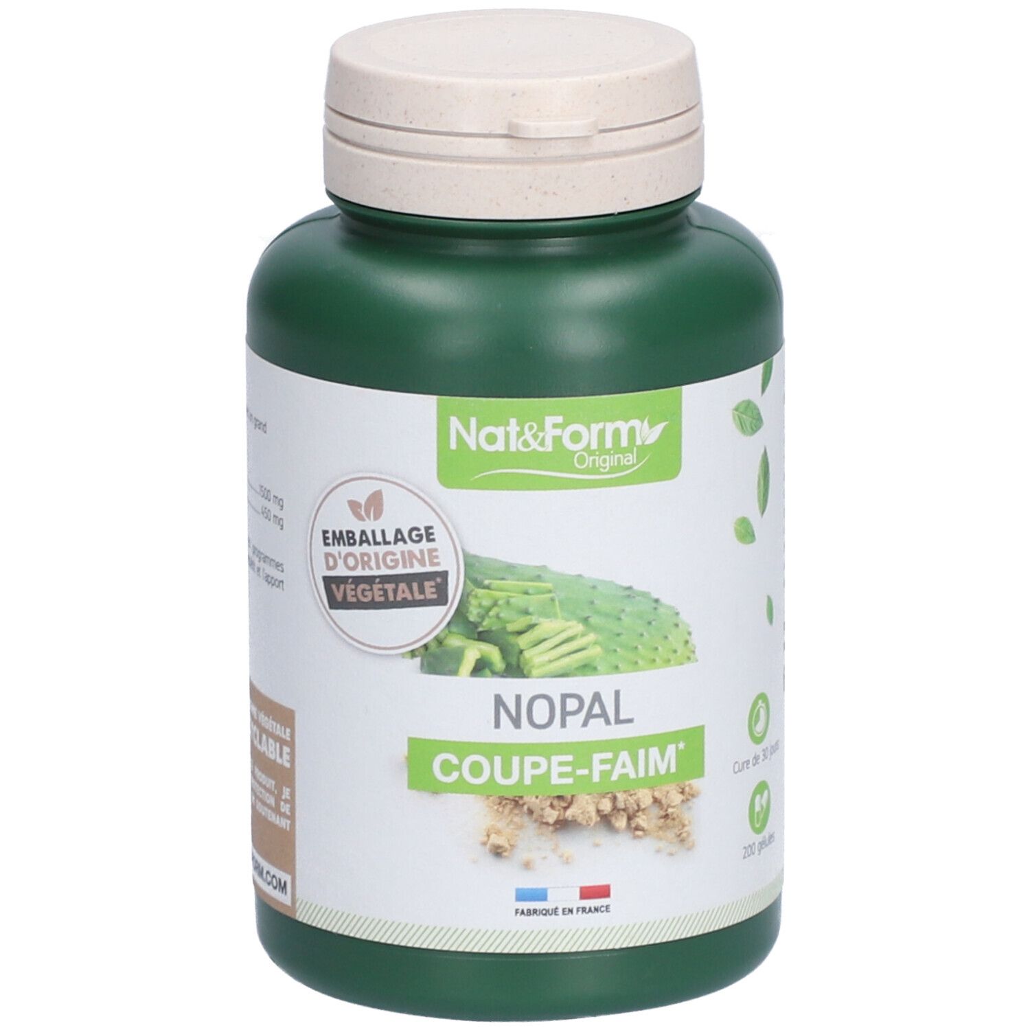 Flacon vert avec bouchon blanc. Étiquette avec nom Nopal et logo. Emballage d'origine végétale. Fabriqué en France.