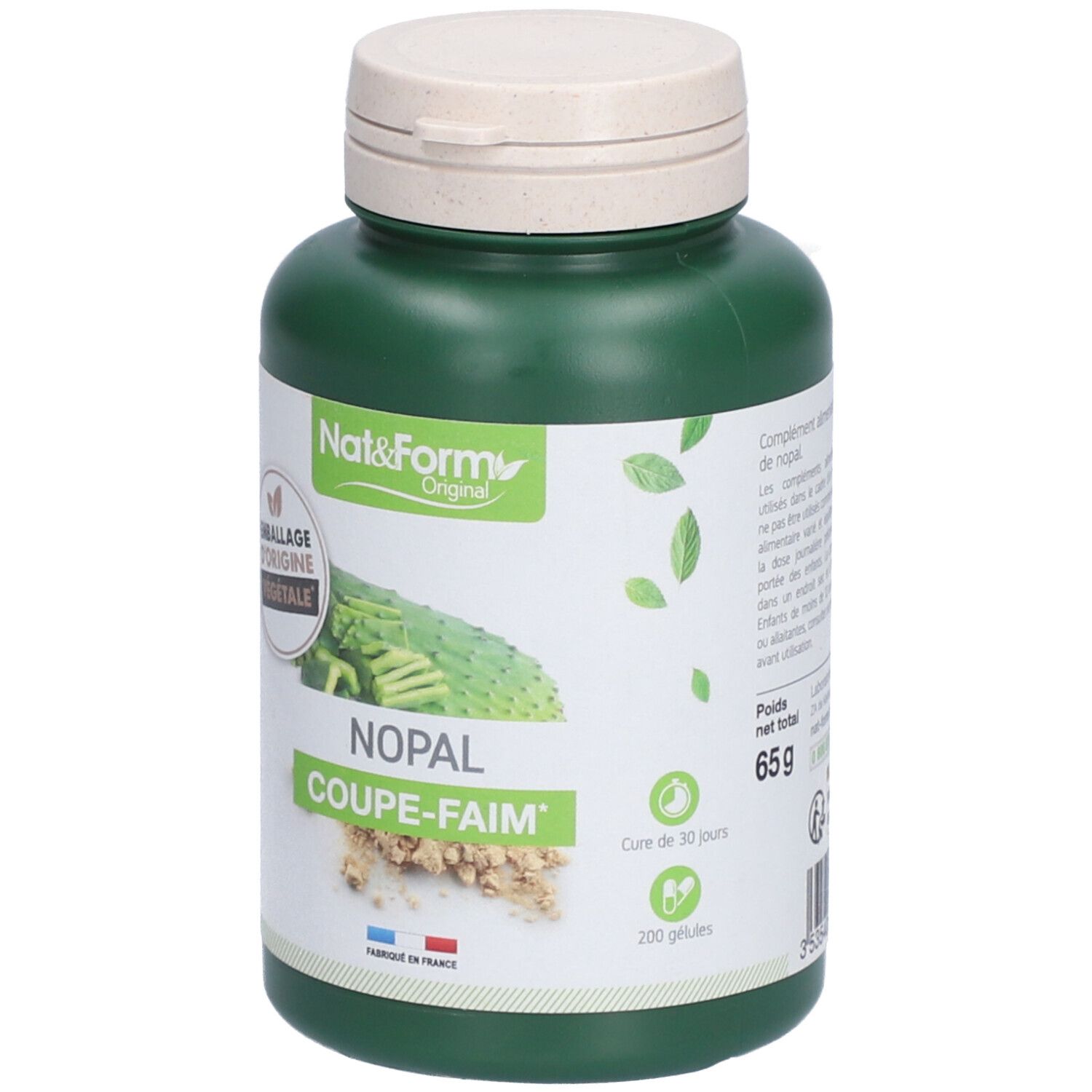 Flacon vert avec bouchon blanc. Étiquette avec nom Nopal et logo. 200 gélules. 65g.