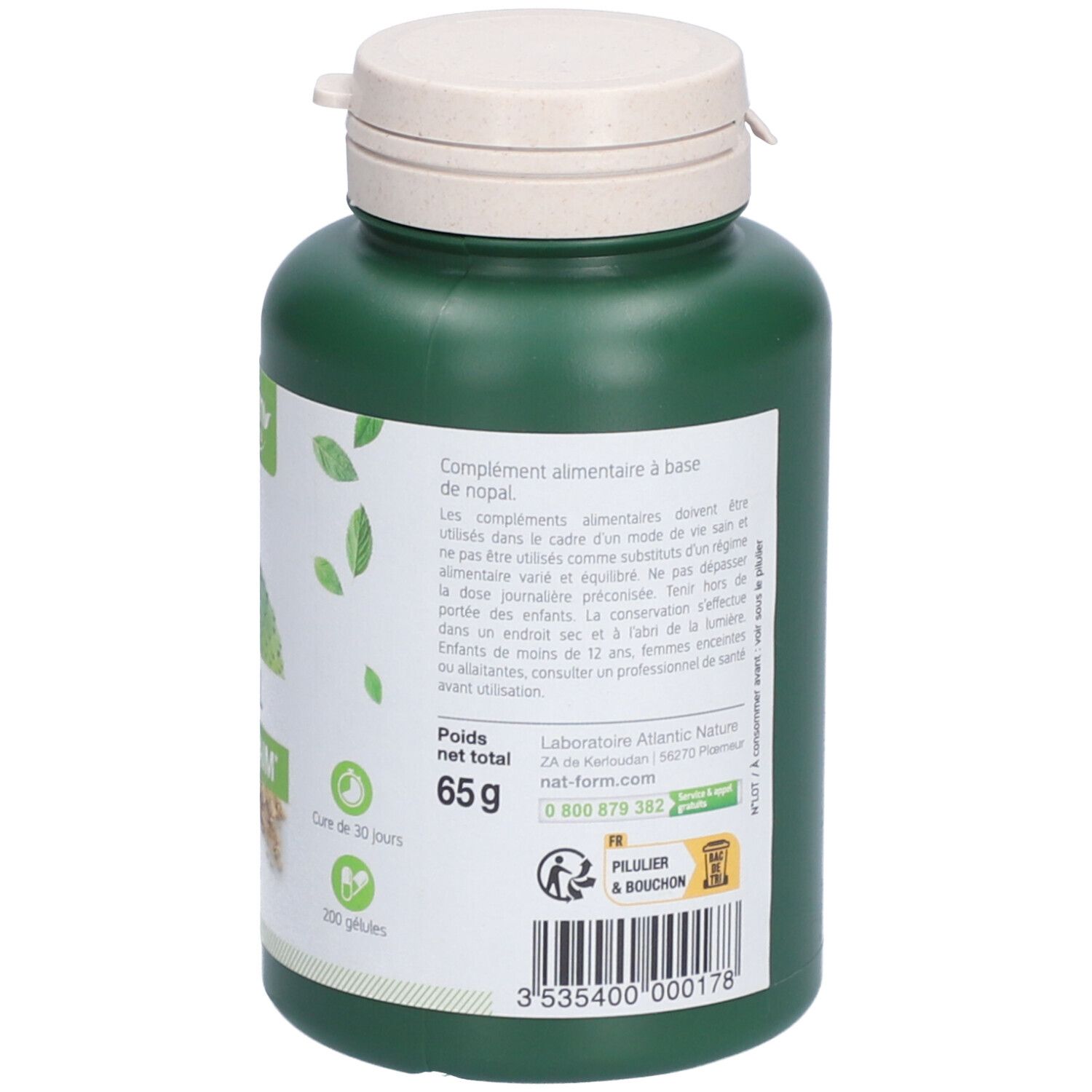 Dos d'un flacon vert avec bouchon blanc. Étiquette avec informations. 200 gélules. 65g. Informations fabricant.