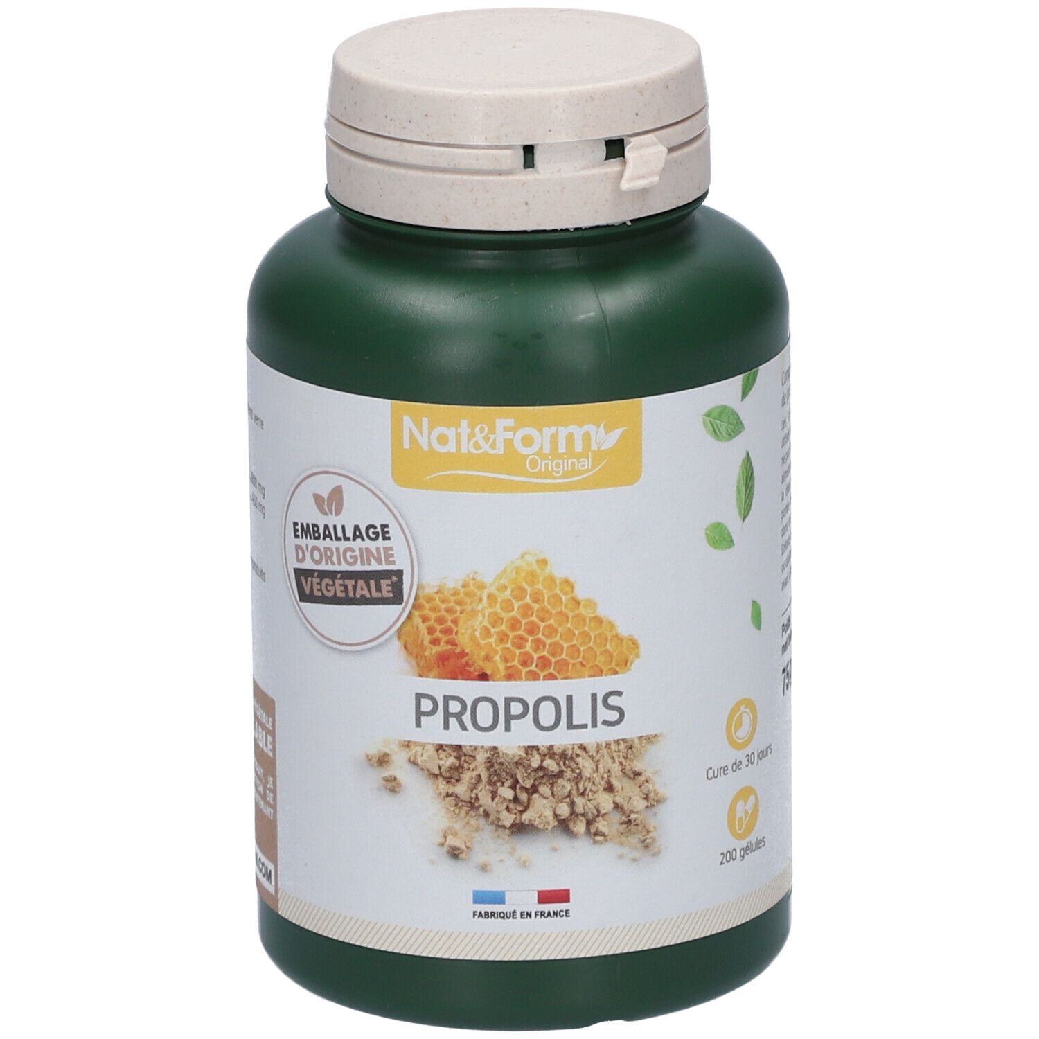 Grüne Flasche mit weißem Deckel. Aufschrift: Nat&Form Propolis. Abbildung von Waben und Propolis. 200 Kapseln.