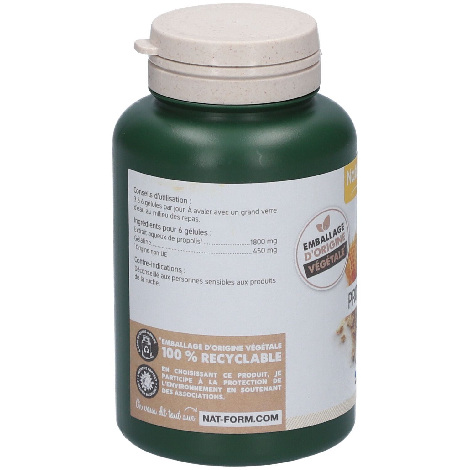 Rückseite einer grünen Flasche mit weißem Deckel. Text: Gebrauchsanweisung, Inhaltsstoffe, Warnhinweise. Verpackung aus Pflanzenmaterial, 100% recycelbar.