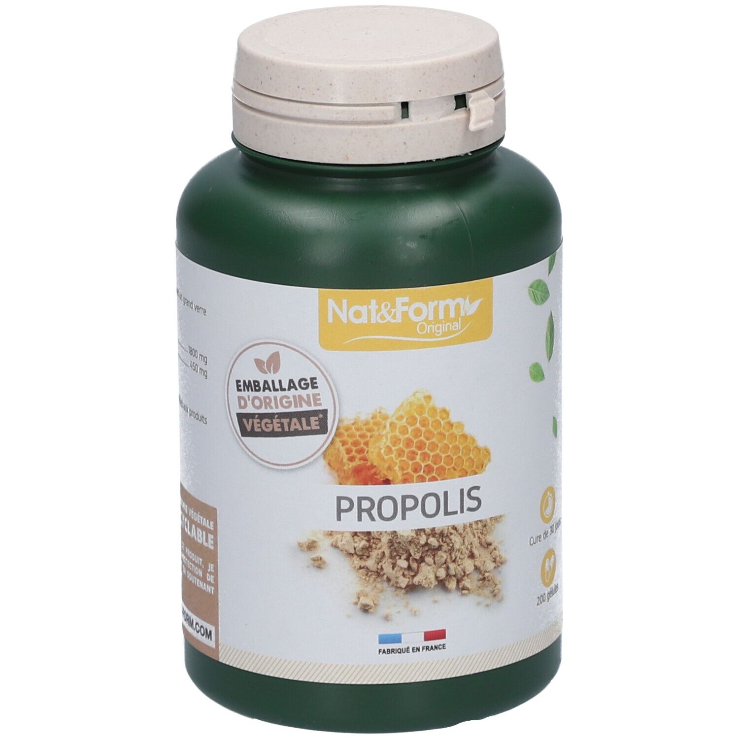 Grüne Flasche mit weißem Deckel. Aufschrift: Nat&Form Propolis. Abbildung von Waben und Propolis. 200 Kapseln.