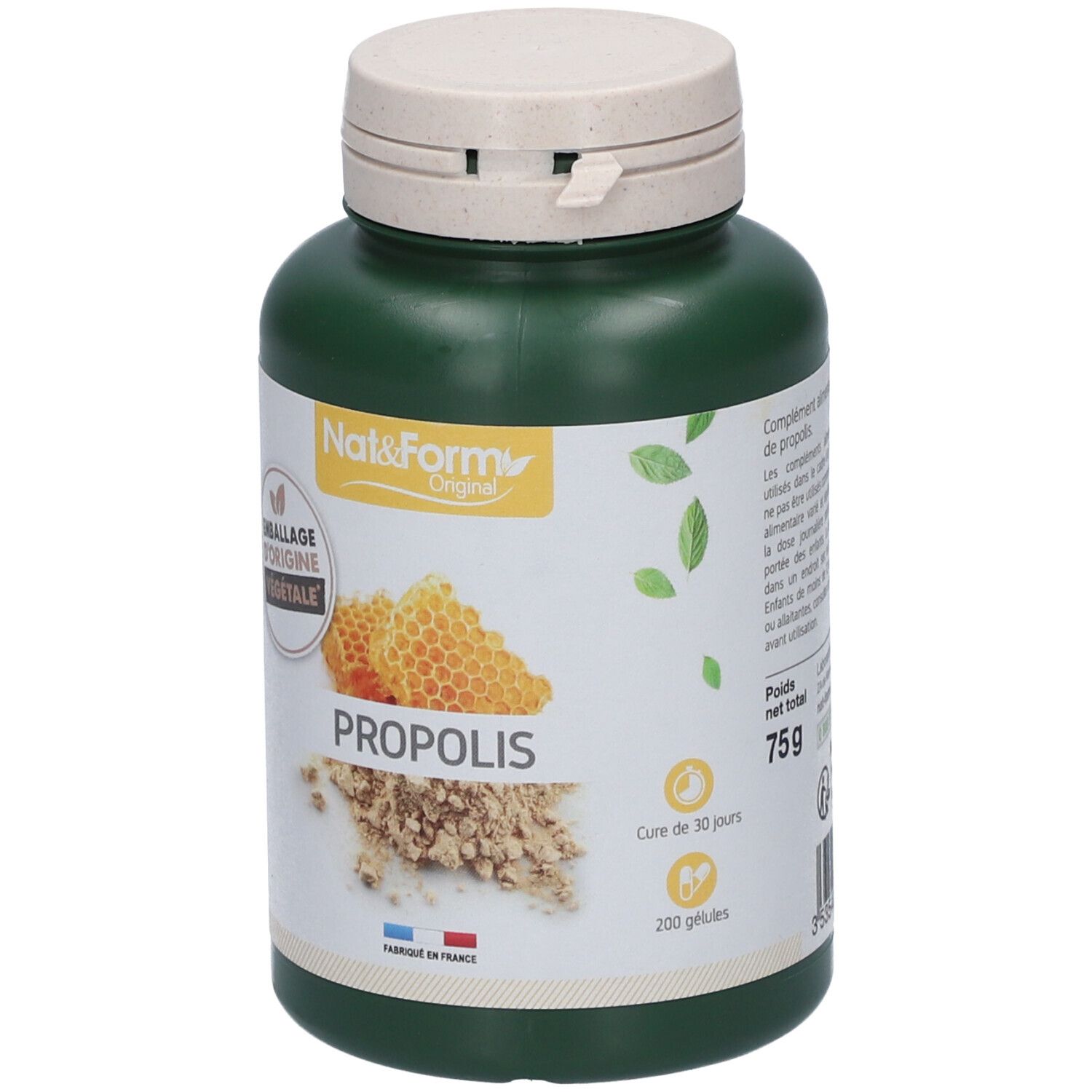Grüne Flasche mit weißem Deckel. Aufschrift: Nat&Form Propolis. Abbildung von Waben und Propolis. 200 Kapseln, 75g.