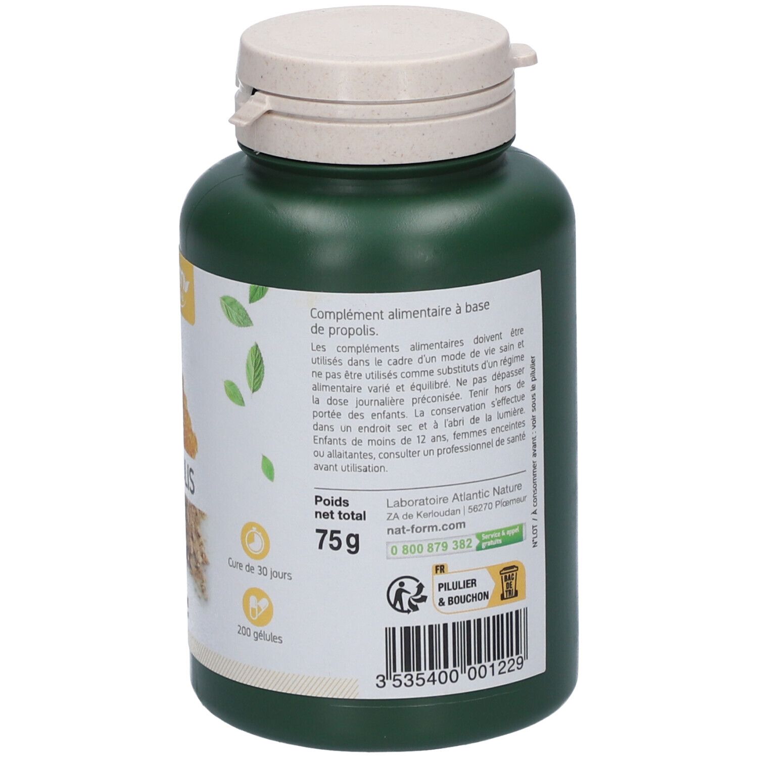 Rückseite einer grünen Flasche mit weißem Deckel. Text: Nahrungsergänzungsmittel. 200 Kapseln, 75g. Logo: Pilier & Bouchon.