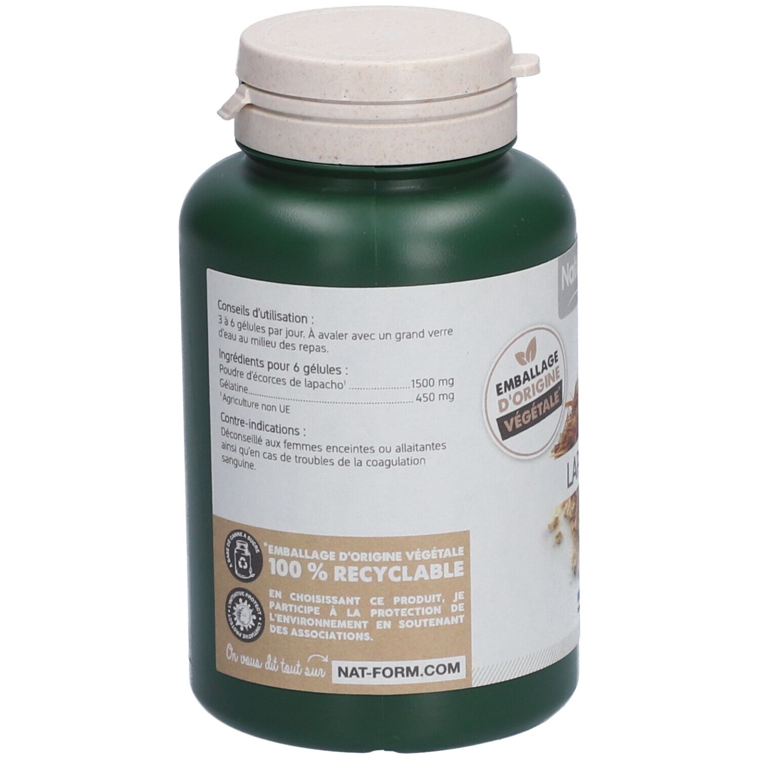 Dos du flacon vert. Texte: conseils d'utilisation, ingrédients, contre-indications. Logo: 100% recyclable. Adresse web: NAT-FORM.COM.