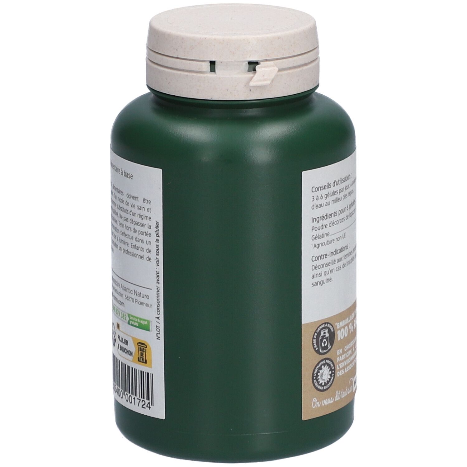 Vue latérale du flacon vert avec bouchon blanc. Texte et logos. Inscription: Emballage d'origine végétale. Code-barres.