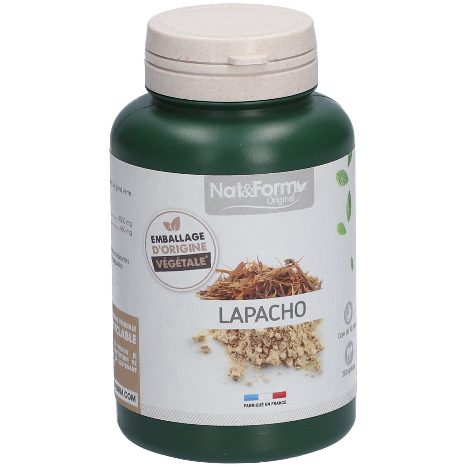 Flacon vert avec bouchon blanc. Inscription LAPACHO. Marque Nat&Form. Illustration d'écorce et poudre de lapacho. Drapeau français.