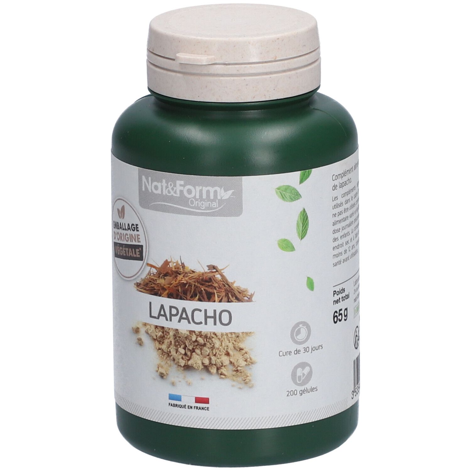 Flacon vert avec bouchon blanc. Inscription LAPACHO. Marque Nat&Form. 200 gélules. Poids net 65g. Cure de 30 jours.