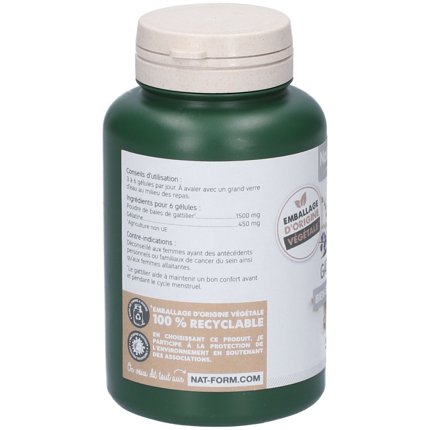 Rückseite einer grünen Flasche mit weißem Deckel. Text: 100% Recycelbar, Nat-form.com. Logo: Emballage d'origine végétale.