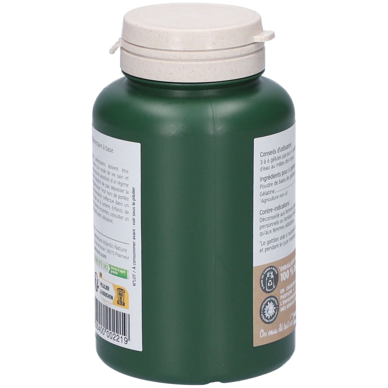Seite einer grünen Flasche mit weißem Deckel. Text: Emballage d'origine végétale, 100% Recycelbar. Logo: Nat-form.com.