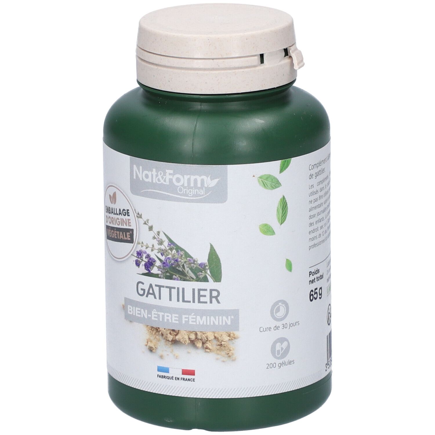 Grüne Flasche mit weißem Deckel. Aufschrift: Gattilier, Bien-être féminin. 200 Kapseln, 65g. Logo: Emballage d'origine végétale.
