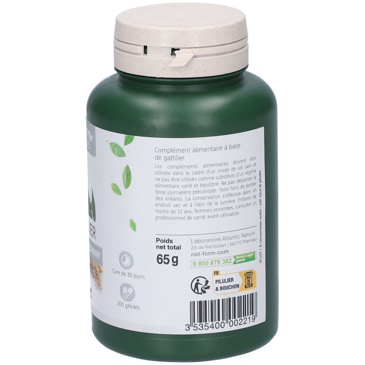 Rückseite einer grünen Flasche mit weißem Deckel. Text: 65g, 200 Kapseln. Logo: Pilulier & Bouchon. Adresse.