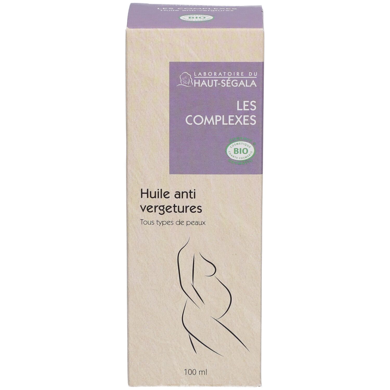 Boîte avec étiquette. Texte: Huile anti-vergetures Bio. Certification Bio. Illustration femme enceinte. 100 ml.