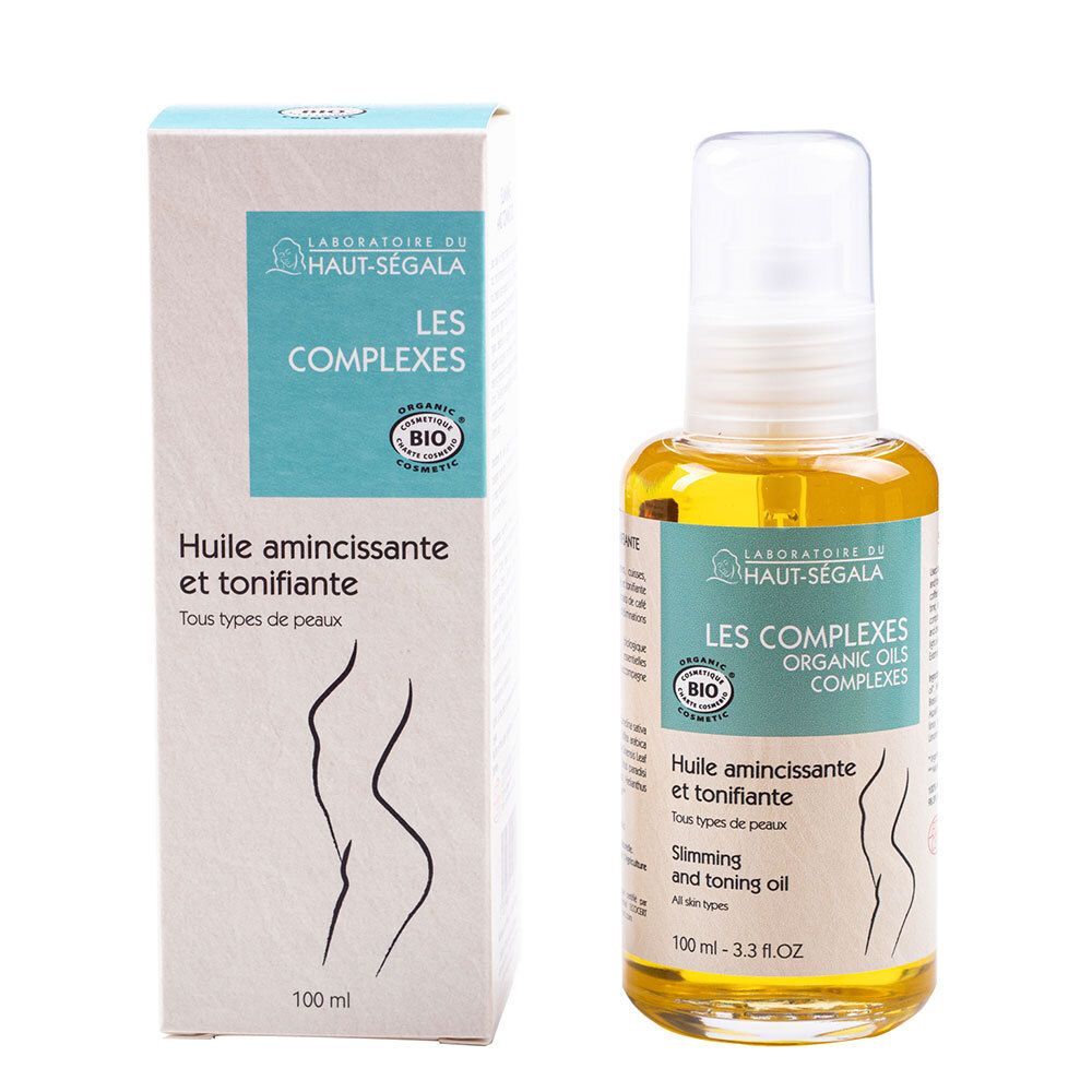 Körperöl-Flasche und Schachtel. Aufschrift: Laboratoire du Haut-Ségala, Les Complexes, Bio-Zertifizierung. Text: Huile amincissante et tonifiante.