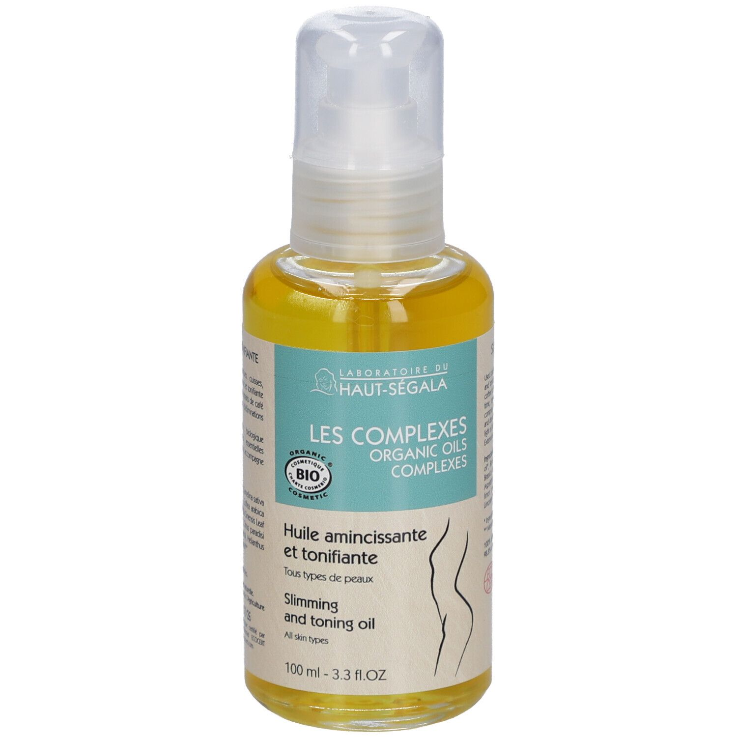Körperöl-Flasche mit Sprühkopf. Aufschrift: Laboratoire du Haut-Ségala, Les Complexes, Bio-Zertifizierung. Text: Huile amincissante et tonifiante.