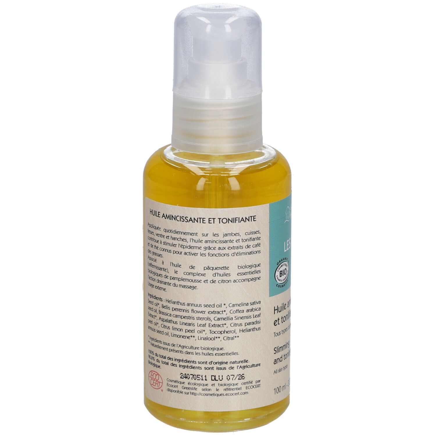 Rückseite der Körperöl-Flasche. Text: Huile amincissante et tonifiante. Inhaltsstoffe, Bio-Zertifizierung, Herstellerinformationen.