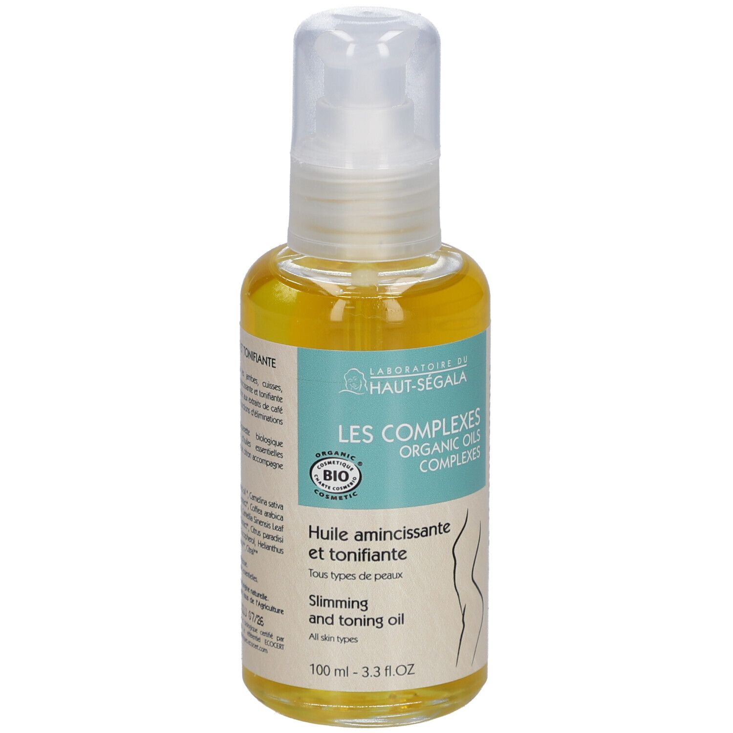 Körperöl-Flasche mit Sprühkopf. Aufschrift: Laboratoire du Haut-Ségala, Les Complexes, Bio-Zertifizierung. Text: Huile amincissante et tonifiante.