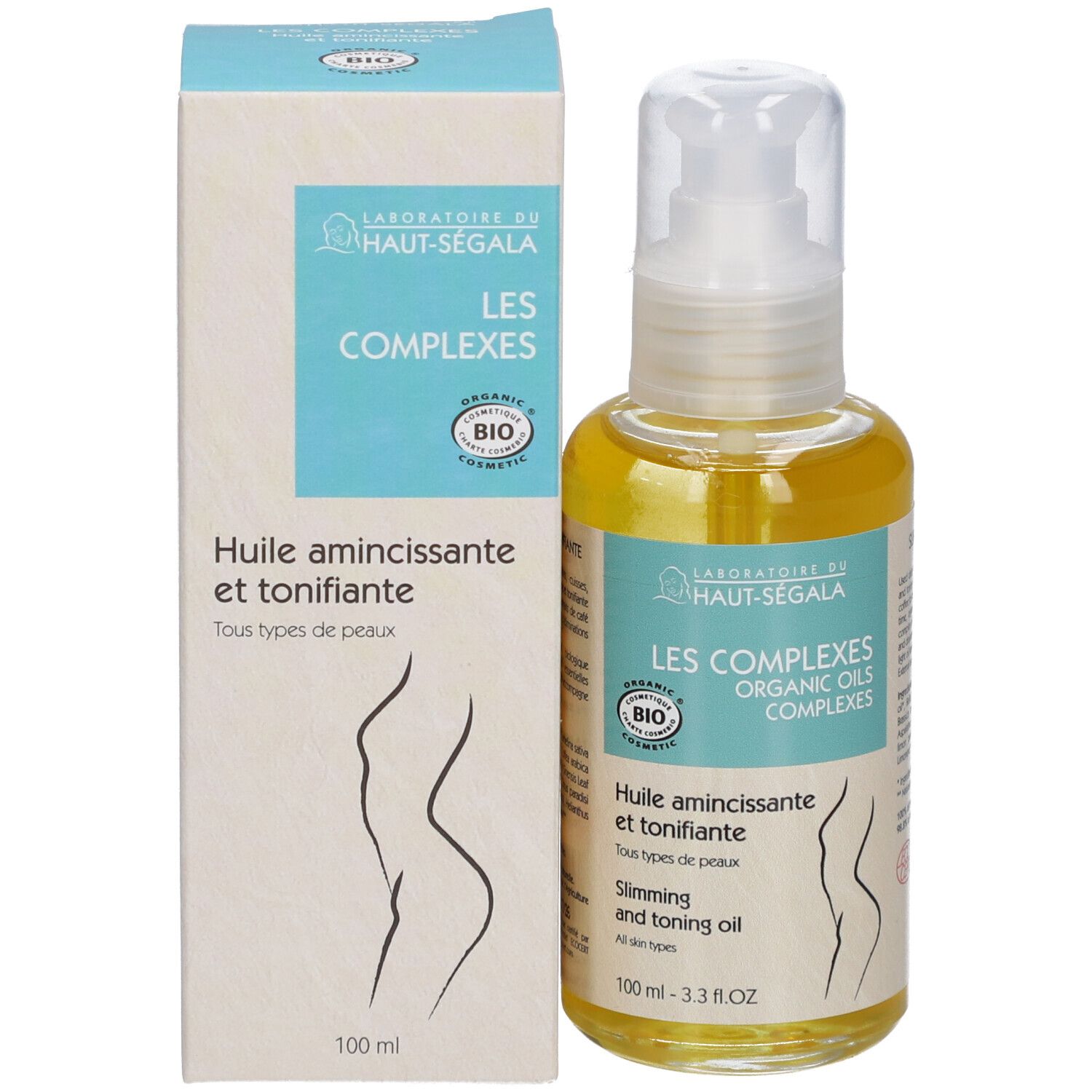 Körperöl-Flasche und Schachtel. Aufschrift: Laboratoire du Haut-Ségala, Les Complexes, Bio-Zertifizierung. Text: Huile amincissante et tonifiante.
