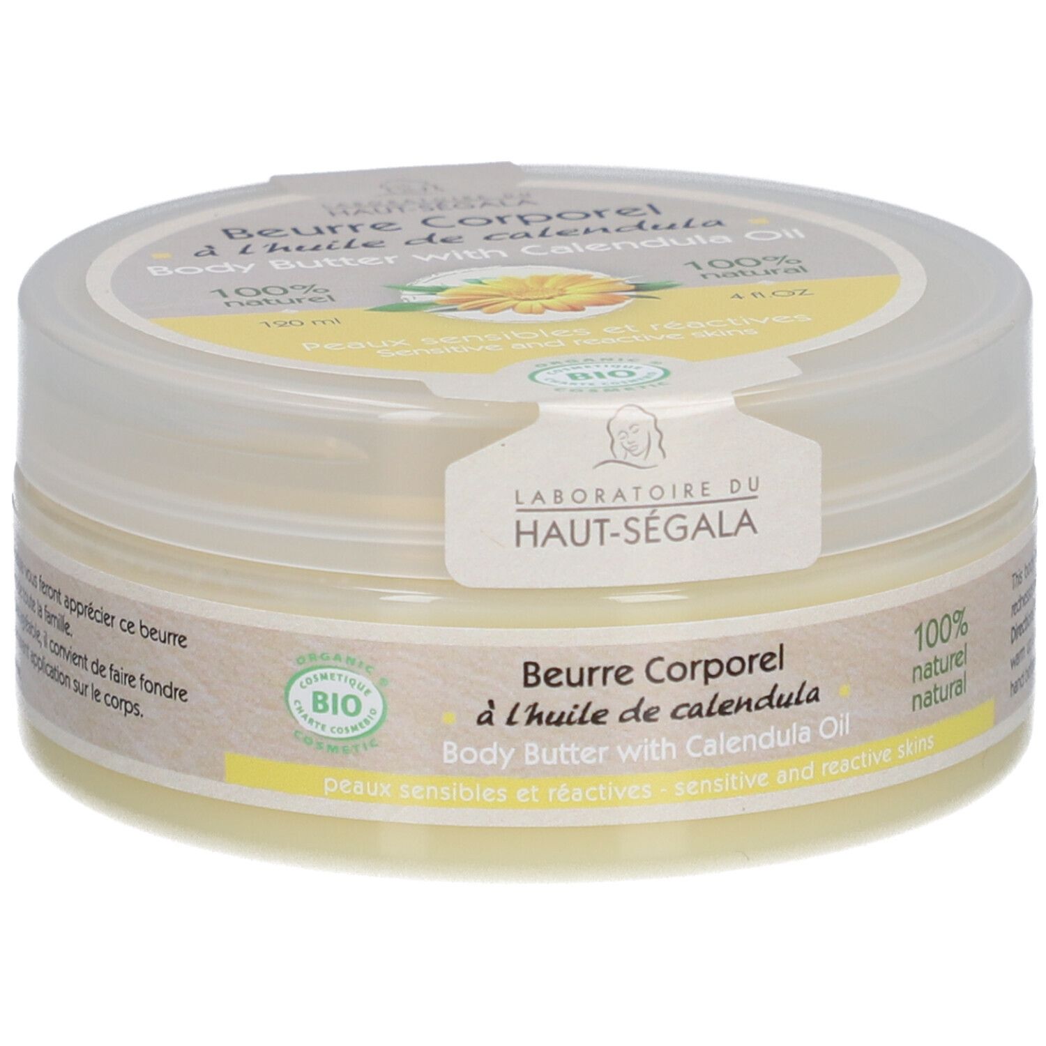 Pot de beurre corporel à l'huile de calendula. Écriture jaune, fleur jaune. Label: Laboratoire du Haut-Ségala. Certification bio.