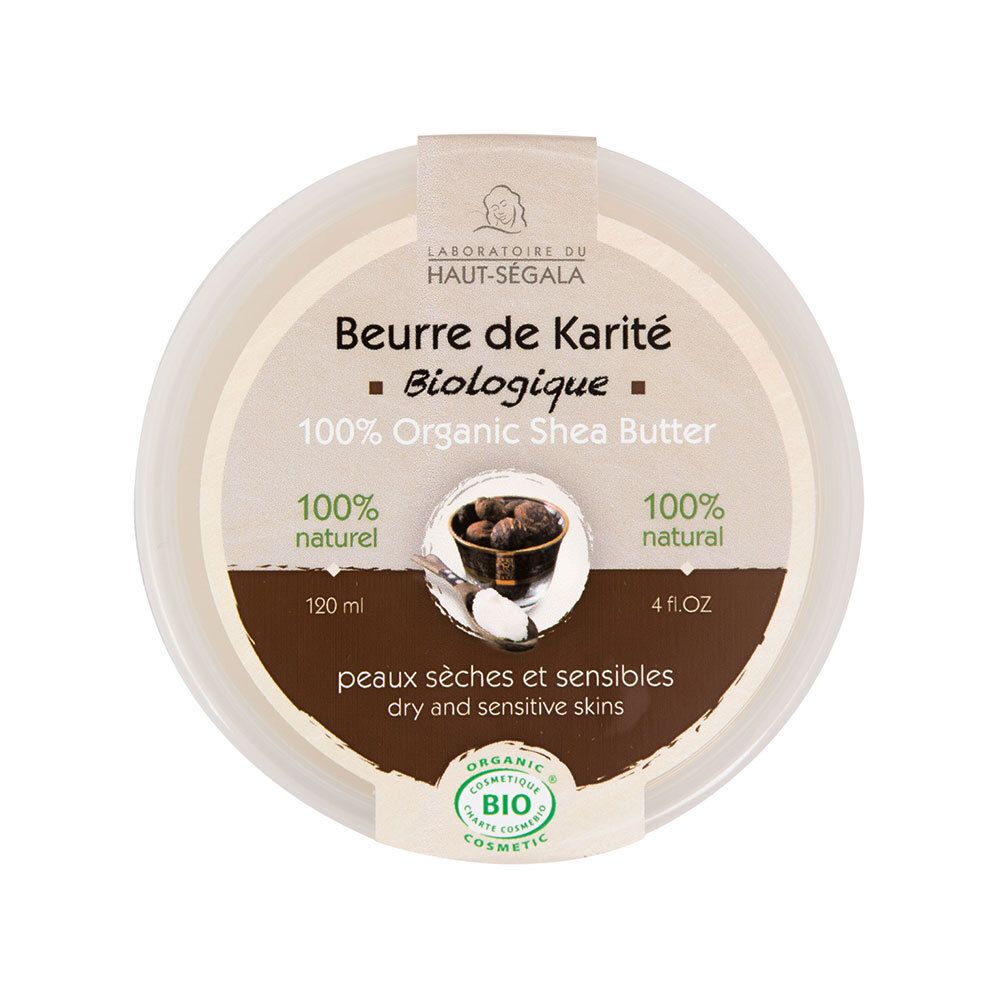 Pot rond avec couvercle. Inscription: Beurre de Karité Biologique, 100% Organic Shea Butter. Label bio. 120 ml, 4 fl.oz.