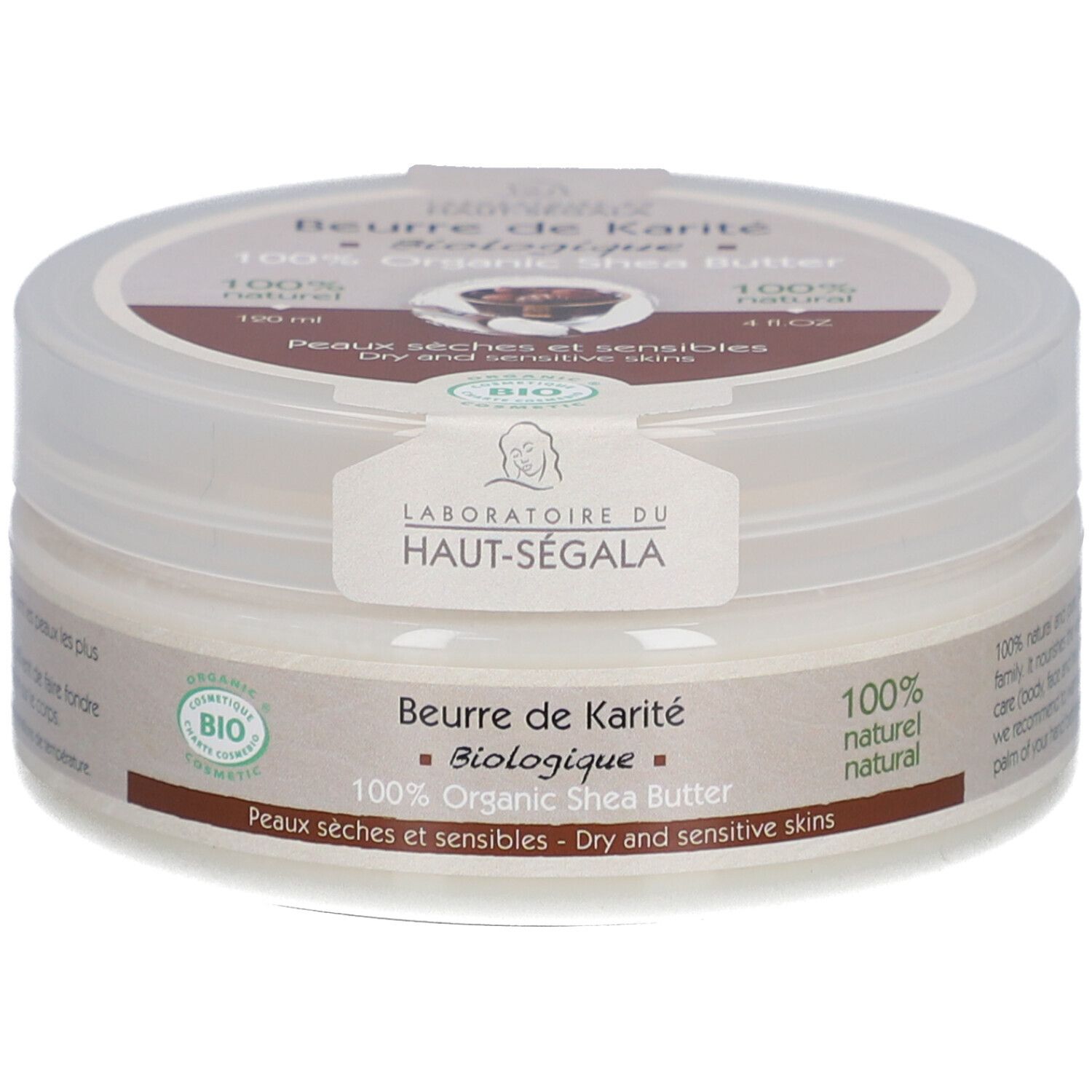 Pot cylindrique avec couvercle. Inscription: Beurre de Karité Biologique, 100% Organic Shea Butter. Label bio. 120 ml, 4 fl.oz.