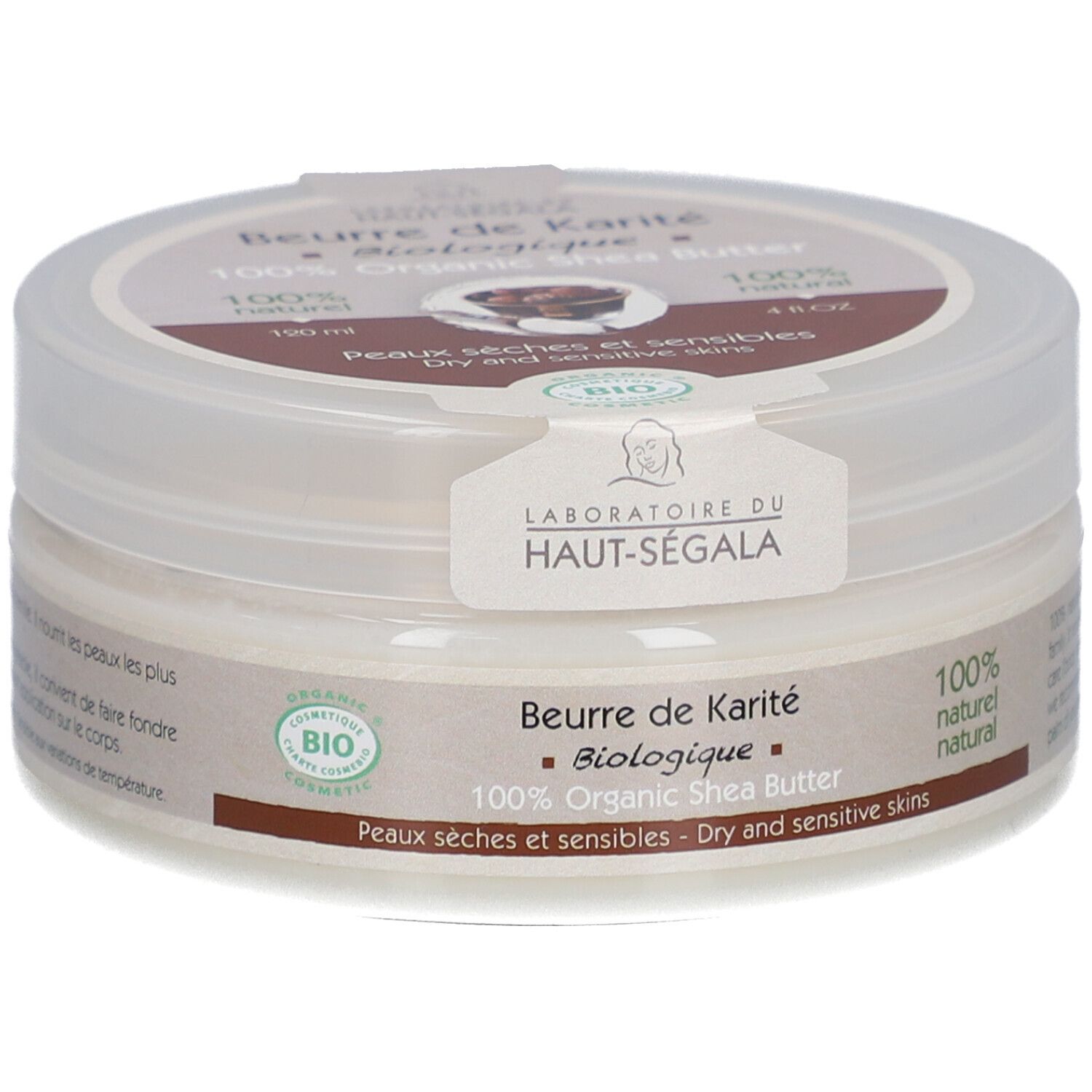Pot cylindrique avec couvercle. Inscription: Beurre de Karité Biologique, 100% Organic Shea Butter. Label bio. 120 ml, 4 fl.oz.