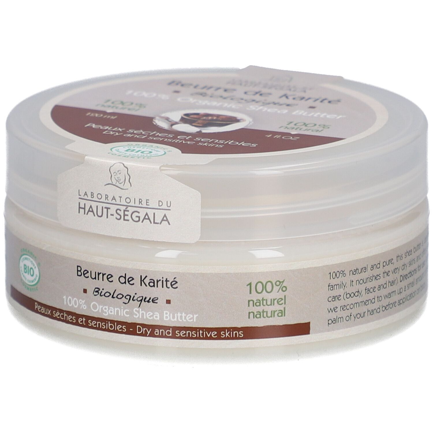 Pot cylindrique avec couvercle. Inscription: Beurre de Karité Biologique, 100% Organic Shea Butter. Label bio. 120 ml, 4 fl.oz.