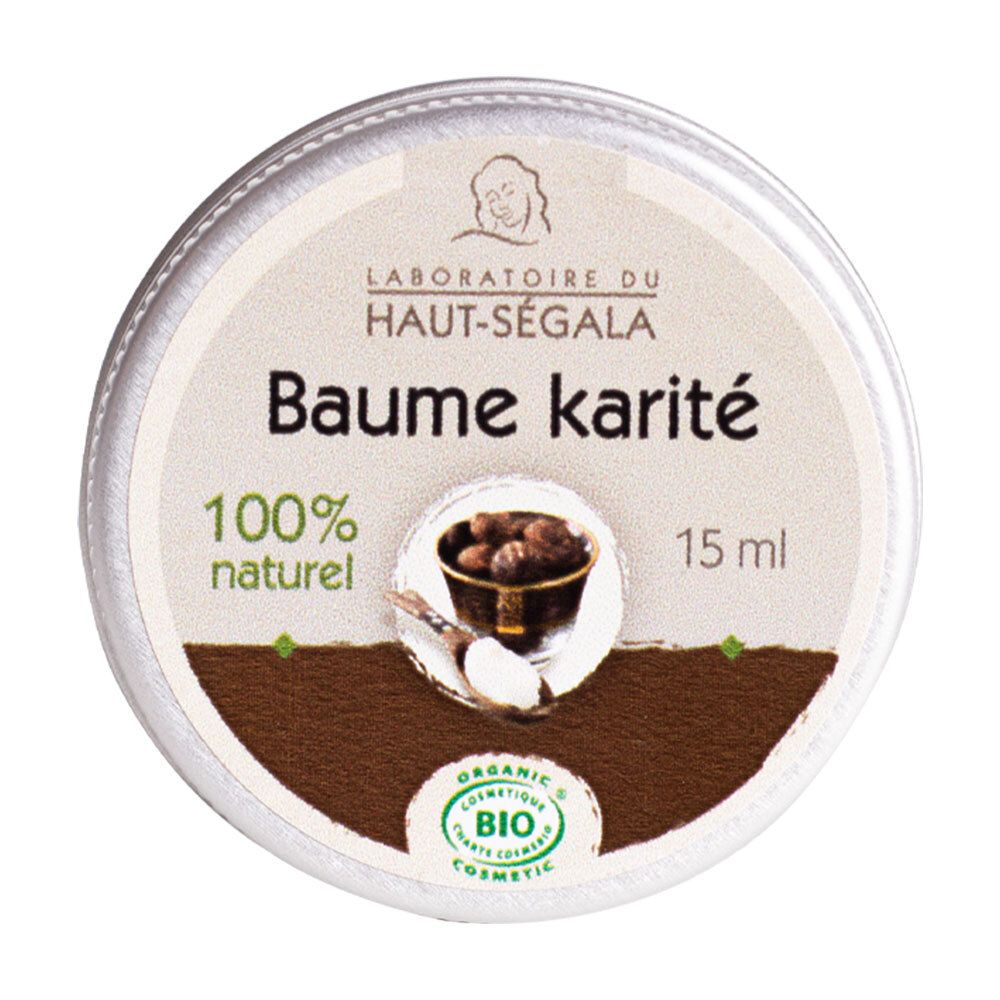 Runde Dose mit Aufschrift 'Baume karité', 100% naturel, 15 ml. Bio-Zertifizierung. Produktabbildung.