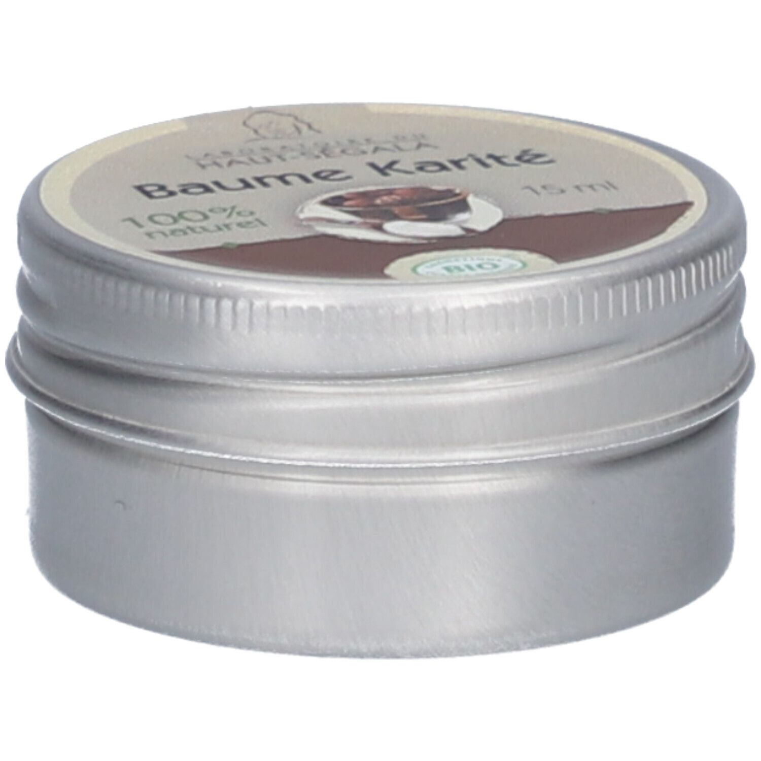 Metall-Dose mit Deckel. Aufschrift 'Baume karité' und '15 ml'. Bio-Zertifizierung. Seitenansicht.