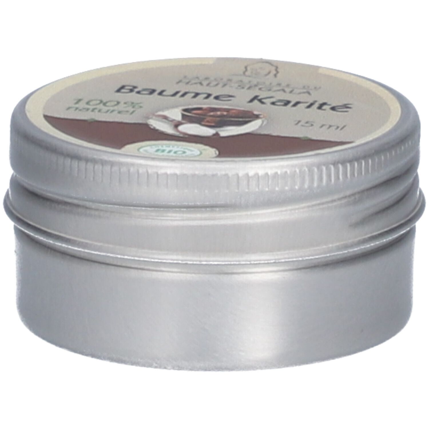 Metall-Dose mit Deckel. Aufschrift 'Baume karité' und '15 ml'. Bio-Zertifizierung. Seitenansicht.