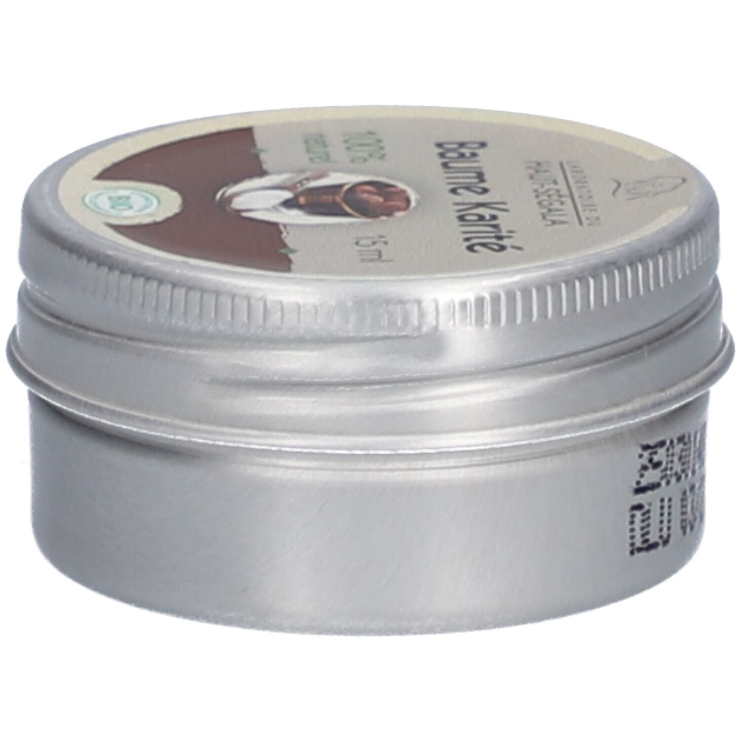 Metall-Dose mit Deckel. Aufschrift 'Baume karité' und '15 ml'. Bio-Zertifizierung. Seitenansicht mit Code.