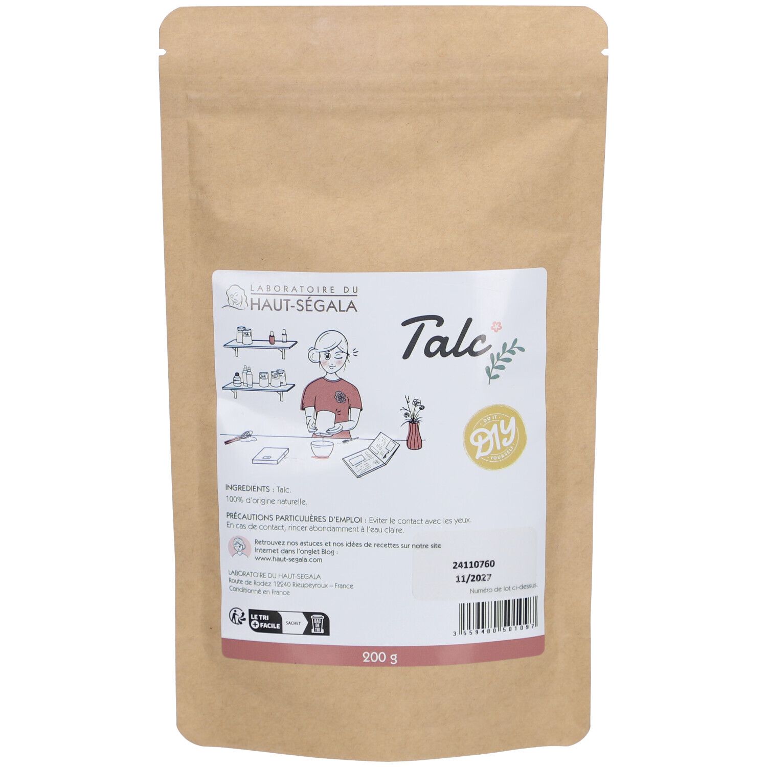 Beutel mit Aufdruck. Aufschrift: Laboratoire du Haut-Ségala, Talc, DIY. Zutatenliste und Warnhinweise. 200 g. Mindesthaltbarkeitsdatum.