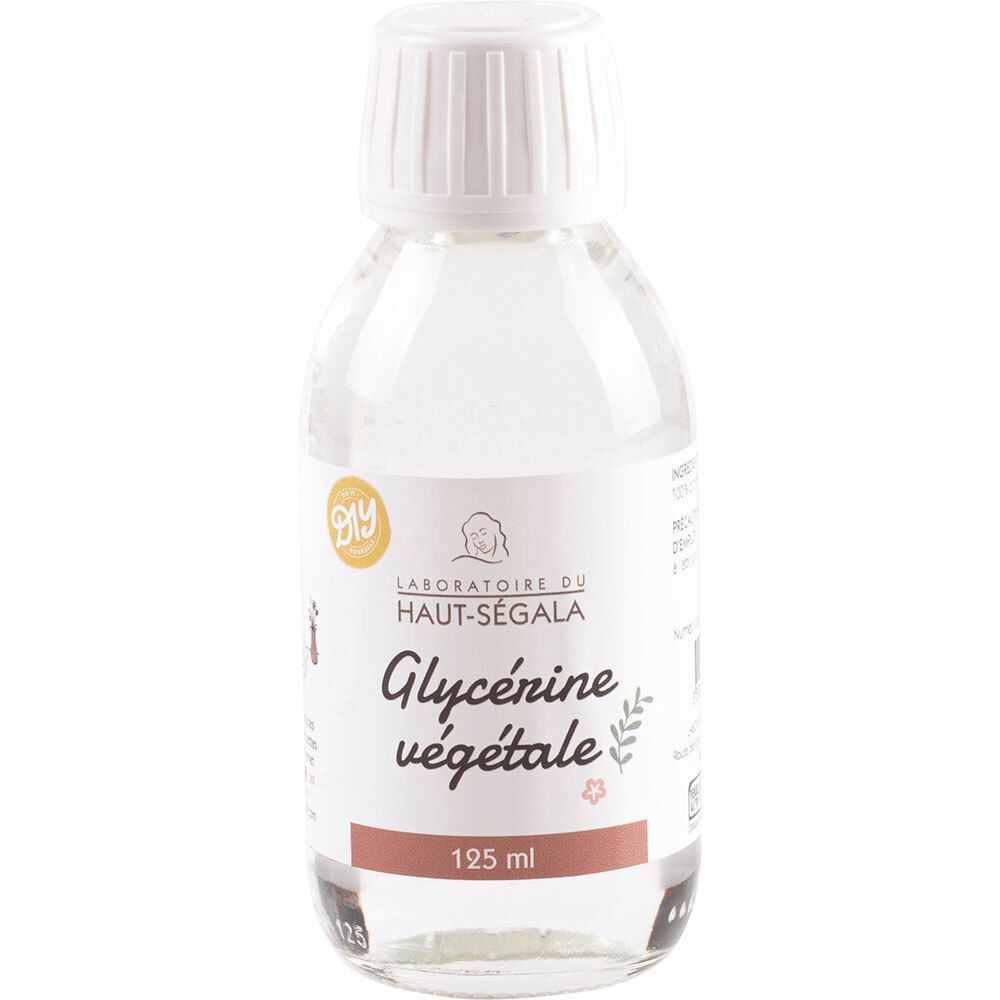 Flacon en verre transparent avec bouchon blanc. Étiquette "Laboratoire du Haut-Ségala", "Glycérine végétale" et "125 ml".