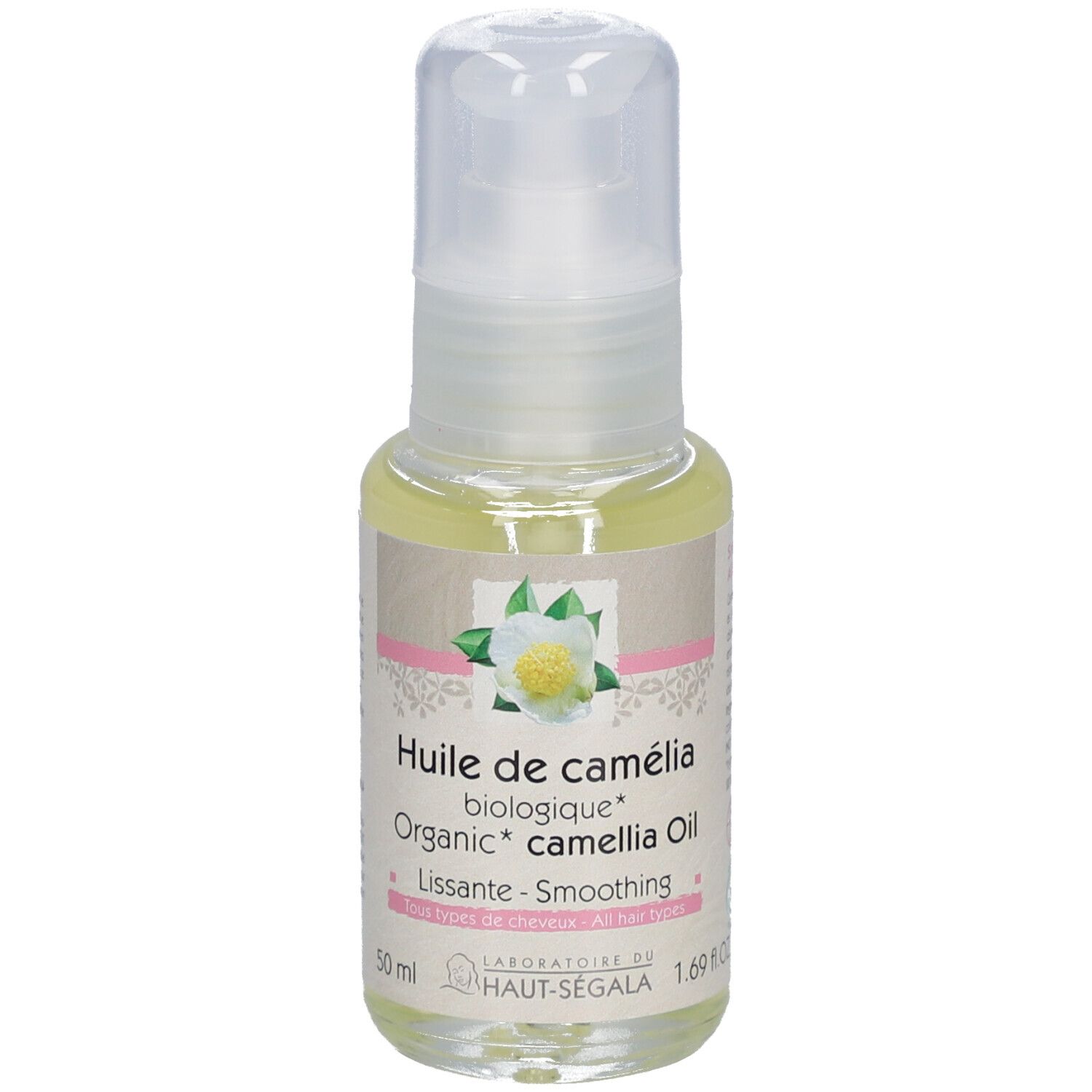 Huile de camélia biologique, flacon. Inscription : Huile de camélia biologique, Lissante, 50 ml, certification BIO.
