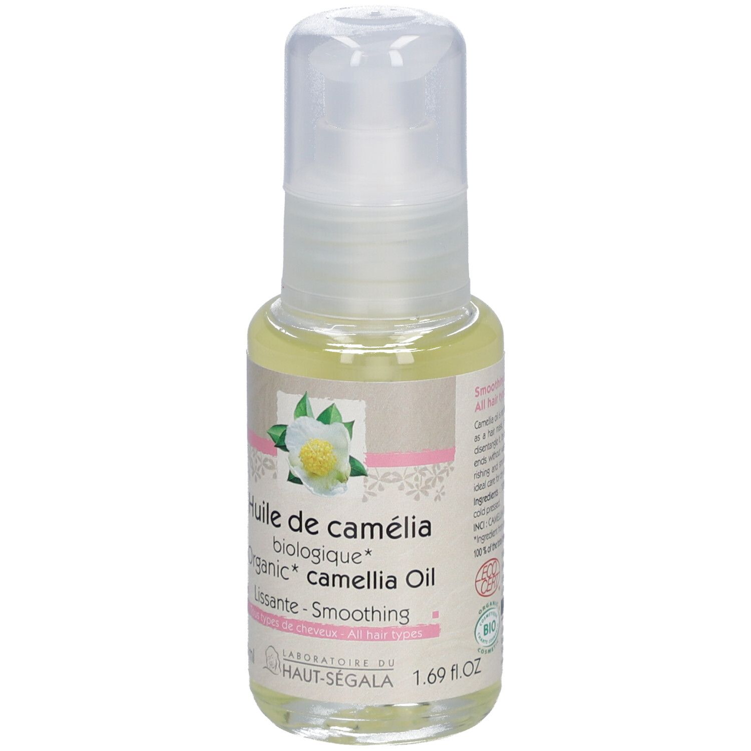 Huile de camélia biologique, flacon. Inscription : Huile de camélia biologique, Lissante, 1.69 fl.oz, certification BIO.