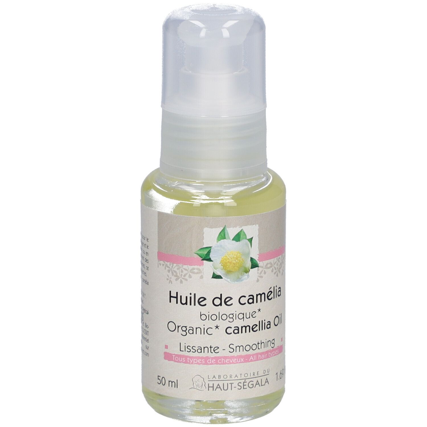 Huile de camélia biologique, flacon. Inscription : Huile de camélia biologique, Lissante, 1.69 fl.oz, certification BIO.