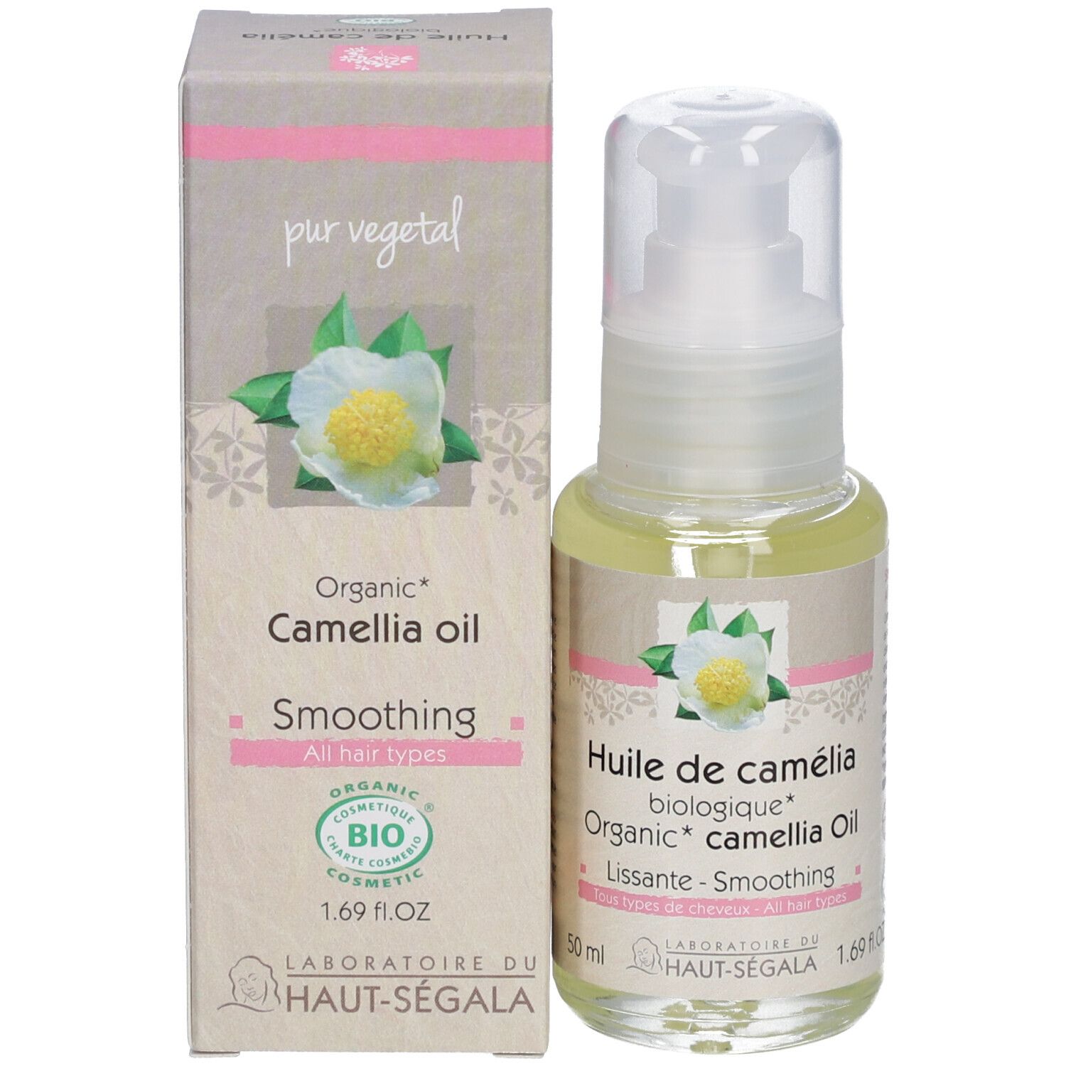 Huile de camélia biologique, flacon et emballage. Inscription : Huile de camélia biologique, Lissante, 1.69 fl.oz, certification BIO.