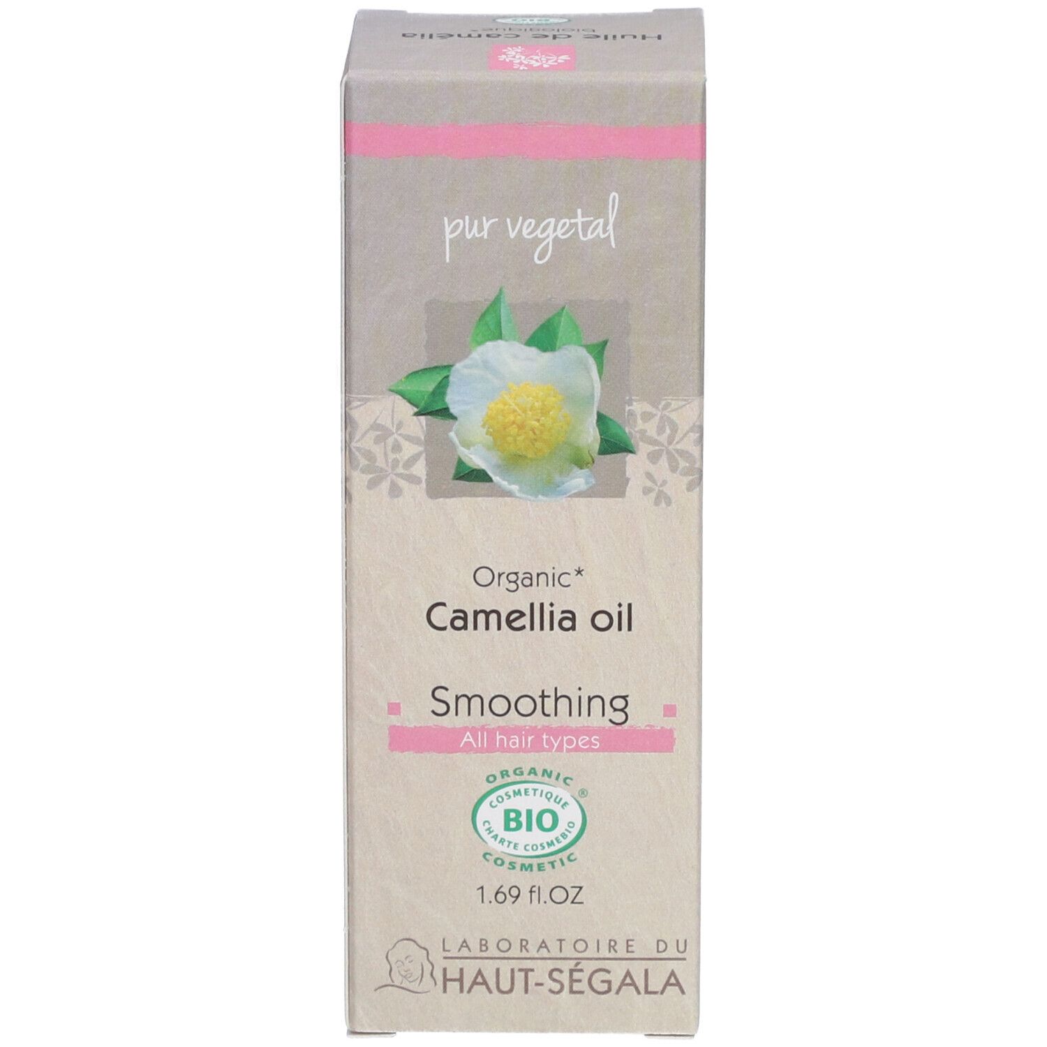 Huile de camélia biologique, emballage. Inscription : Organic Camellia oil, Smoothing, 1.69 fl.oz, certification BIO.