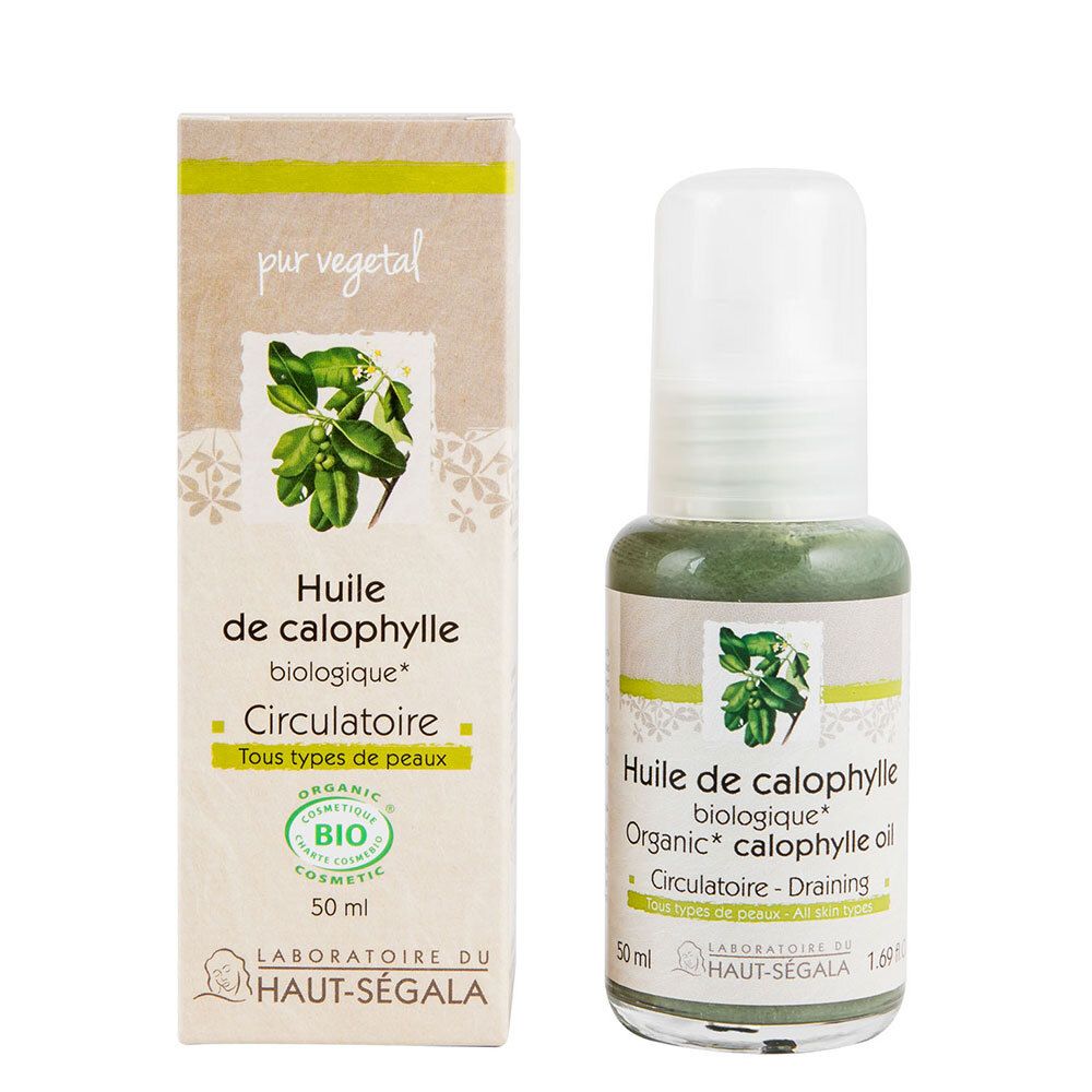 Flacon et emballage d'huile de calophylle bio. Étiquette avec texte et logo. Certification bio.
