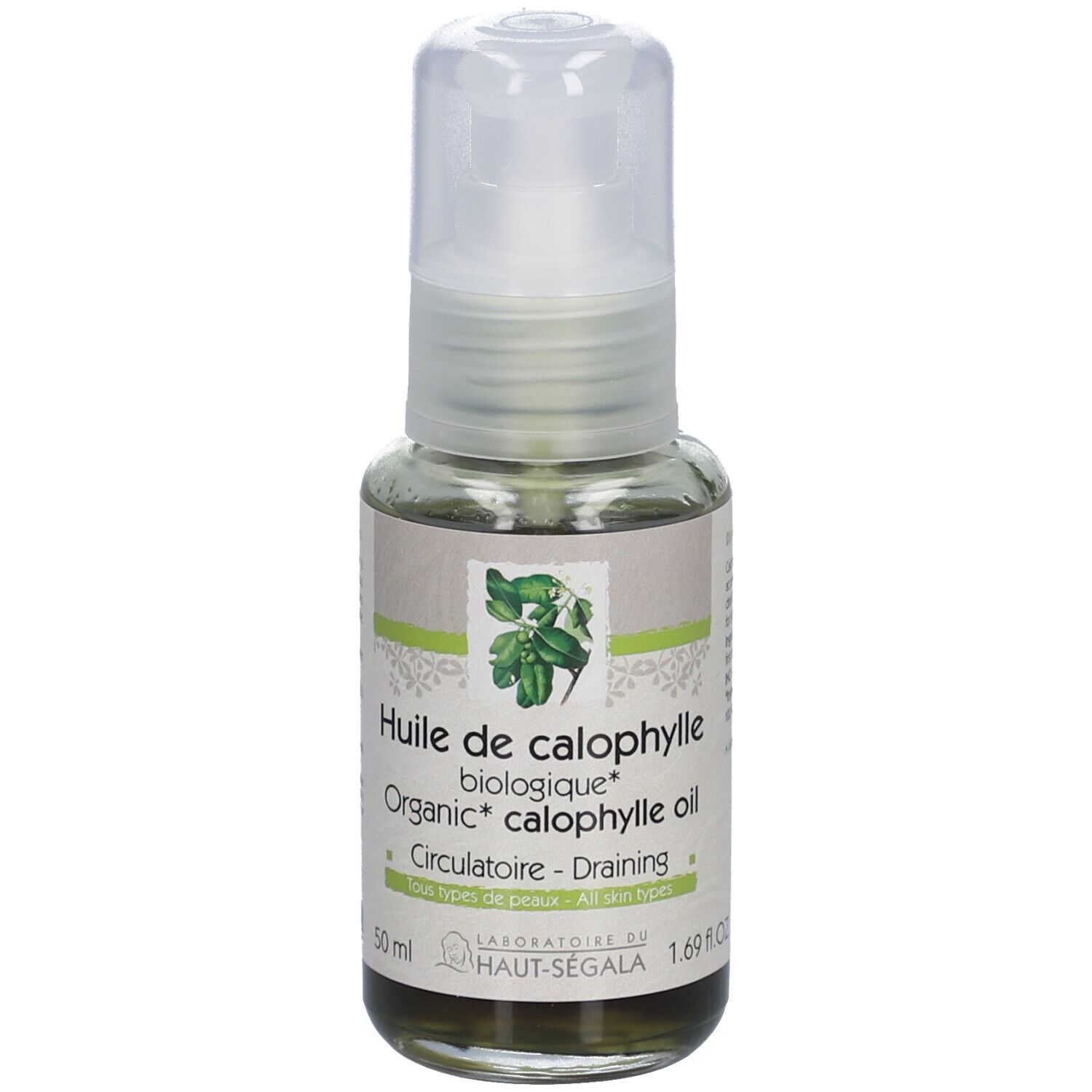 Flacon d'huile de calophylle bio avec pompe. Étiquette avec texte et logo. Certification bio.