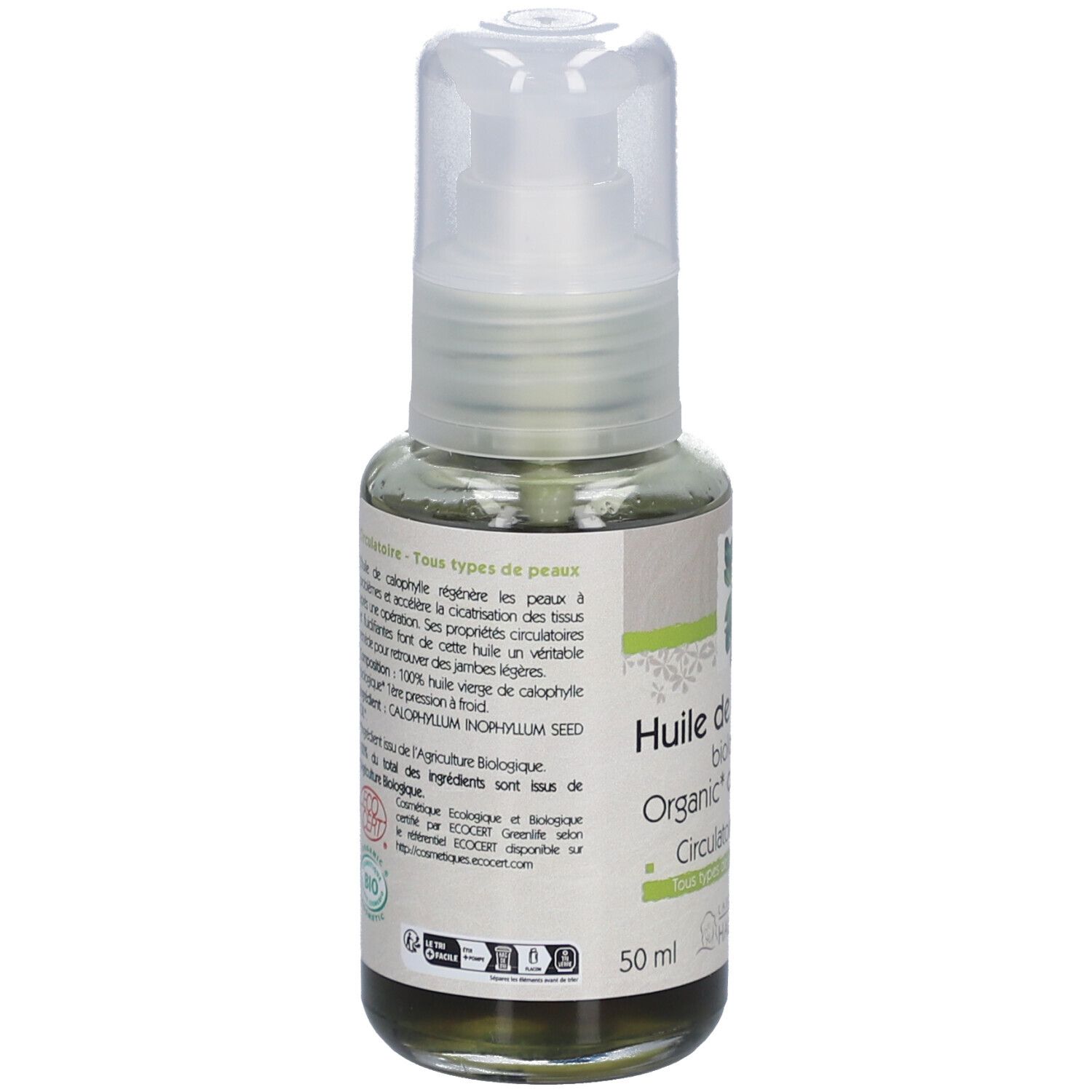 Flacon d'huile de calophylle bio avec pompe. Dos avec texte. Certification bio.