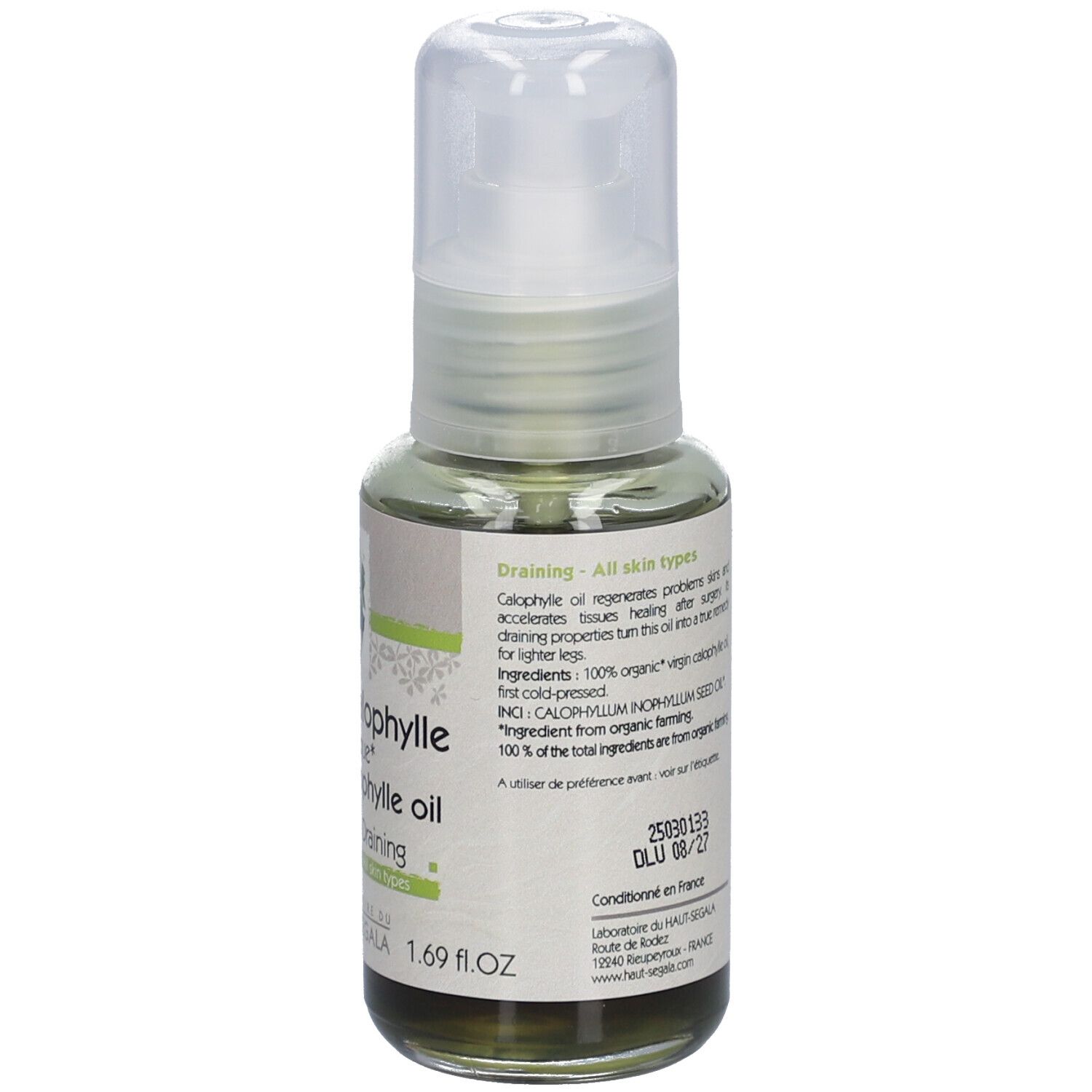 Flacon d'huile de calophylle bio avec pompe. Dos avec texte. Certification bio.