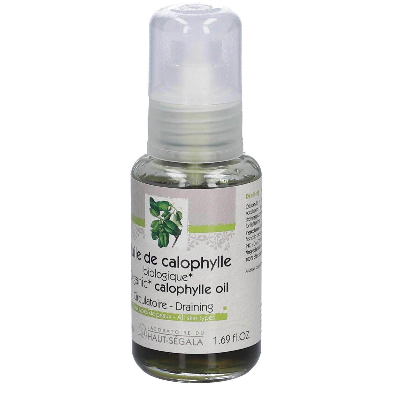 Flacon d'huile de calophylle bio avec pompe. Dos avec texte. Certification bio.